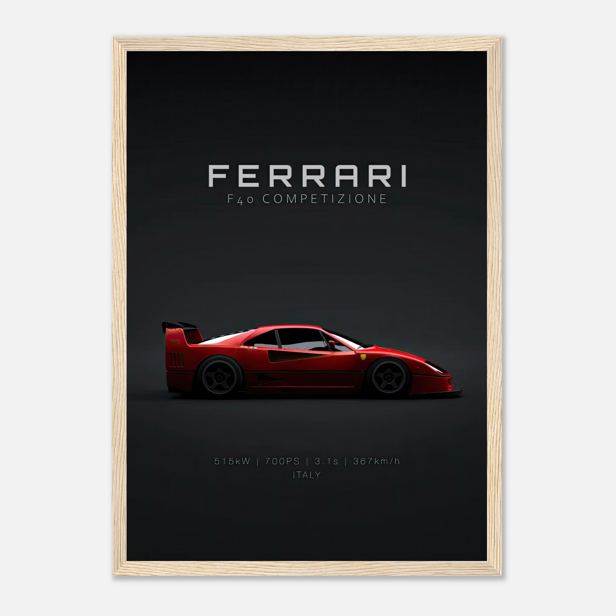 Framed poster of the Ferrari F40 Competizione showcasing its sleek design and vibrant red color.