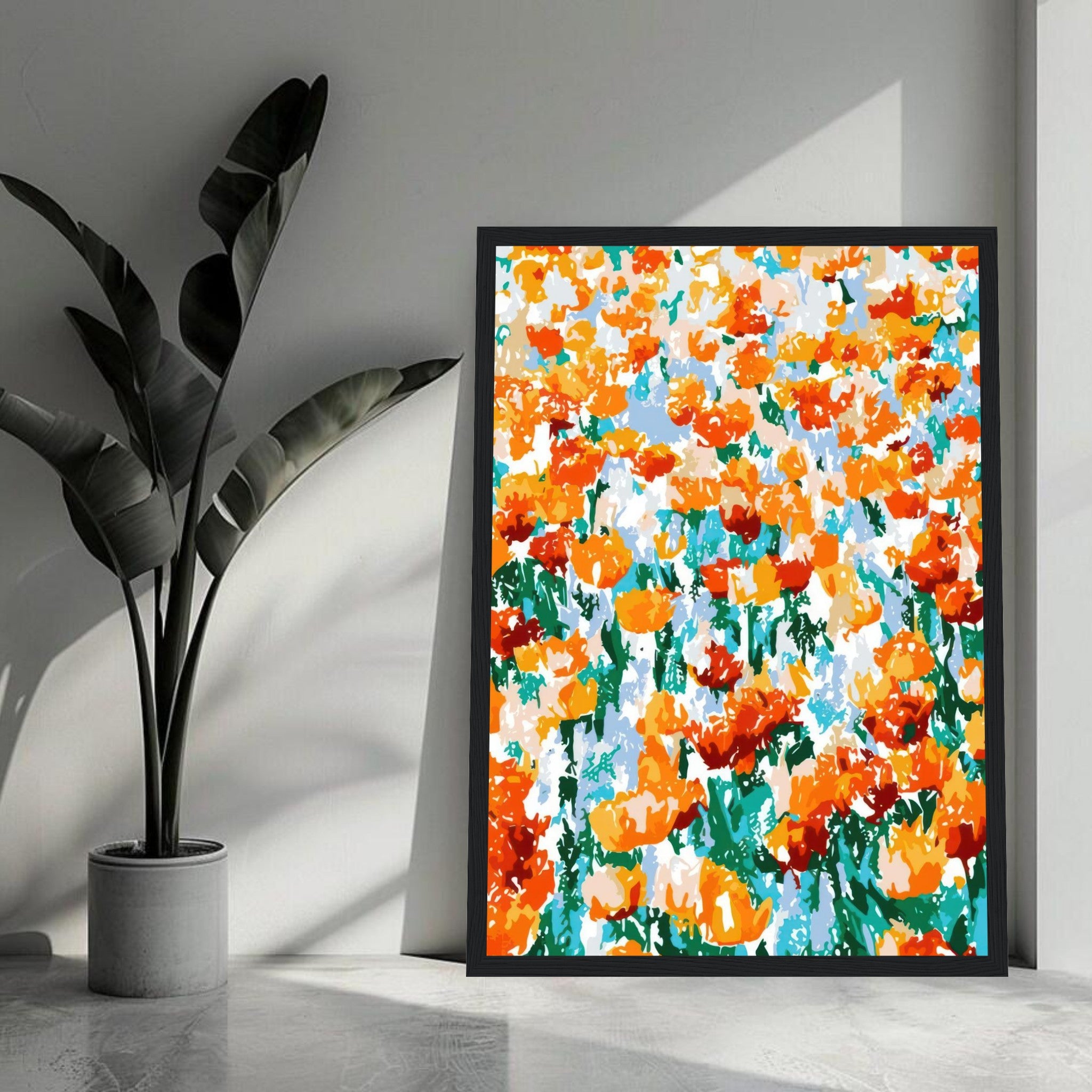 Vibrant Abstract Floral Tulip Garden Framed Print showcasing bold orange and red tulips.
