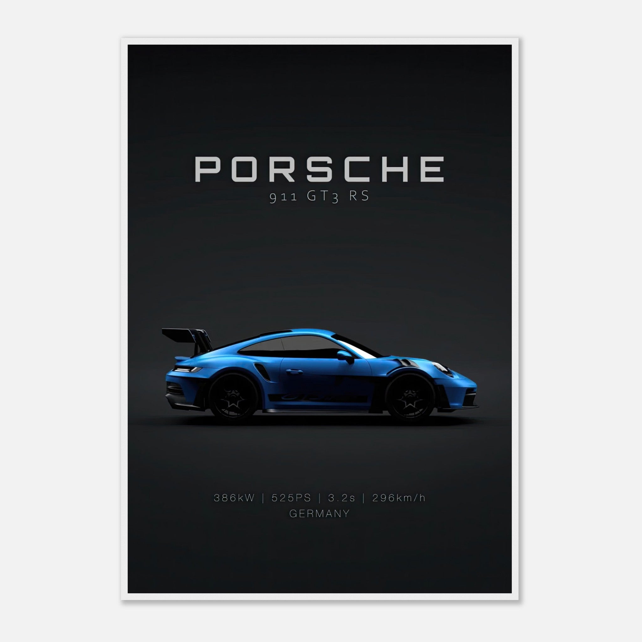 Porsche 911 GT3 RS framed poster featuring sleek blue car design with performance stats.