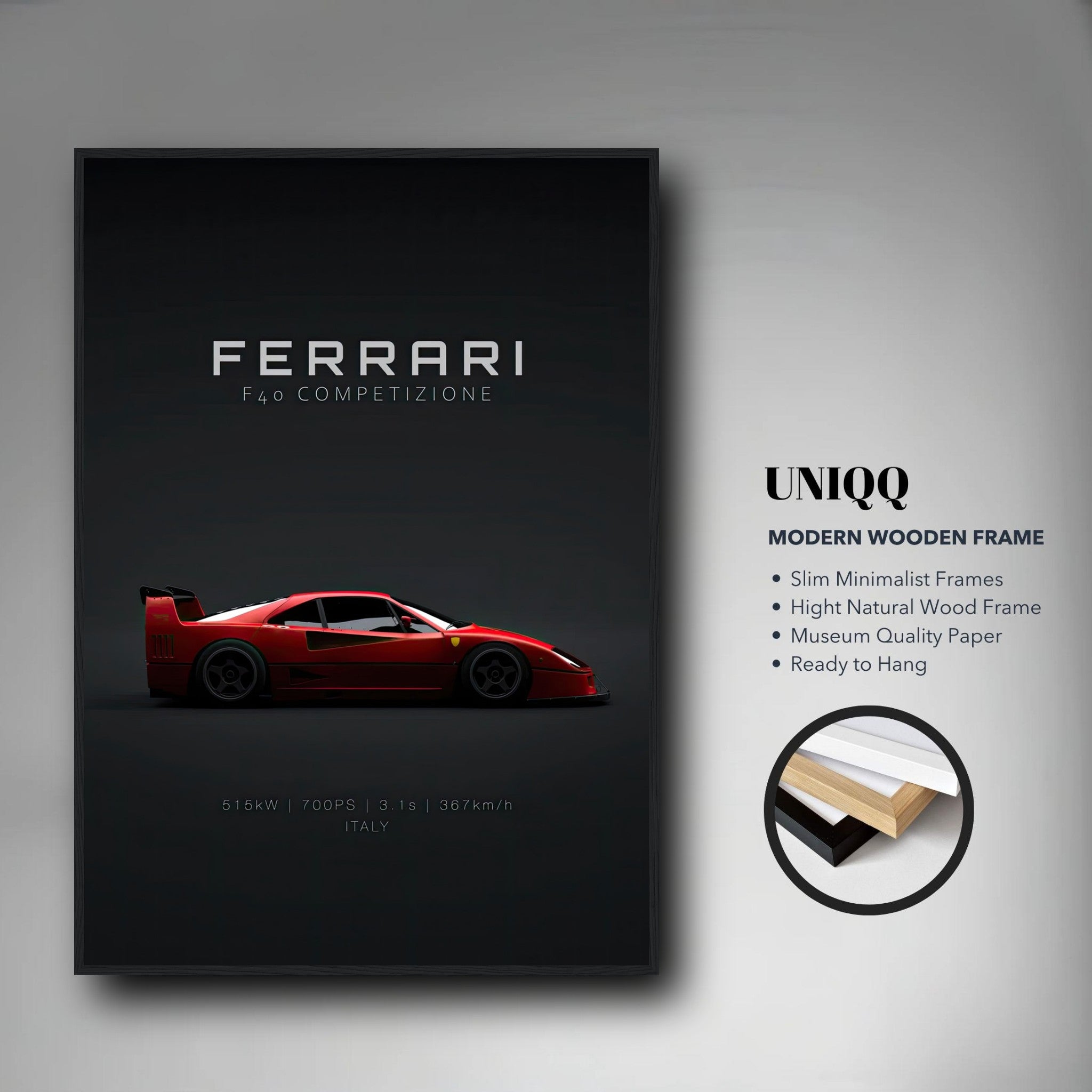 Ferrari F40 Competizione framed poster with minimalist design and vibrant red car on dark background.
