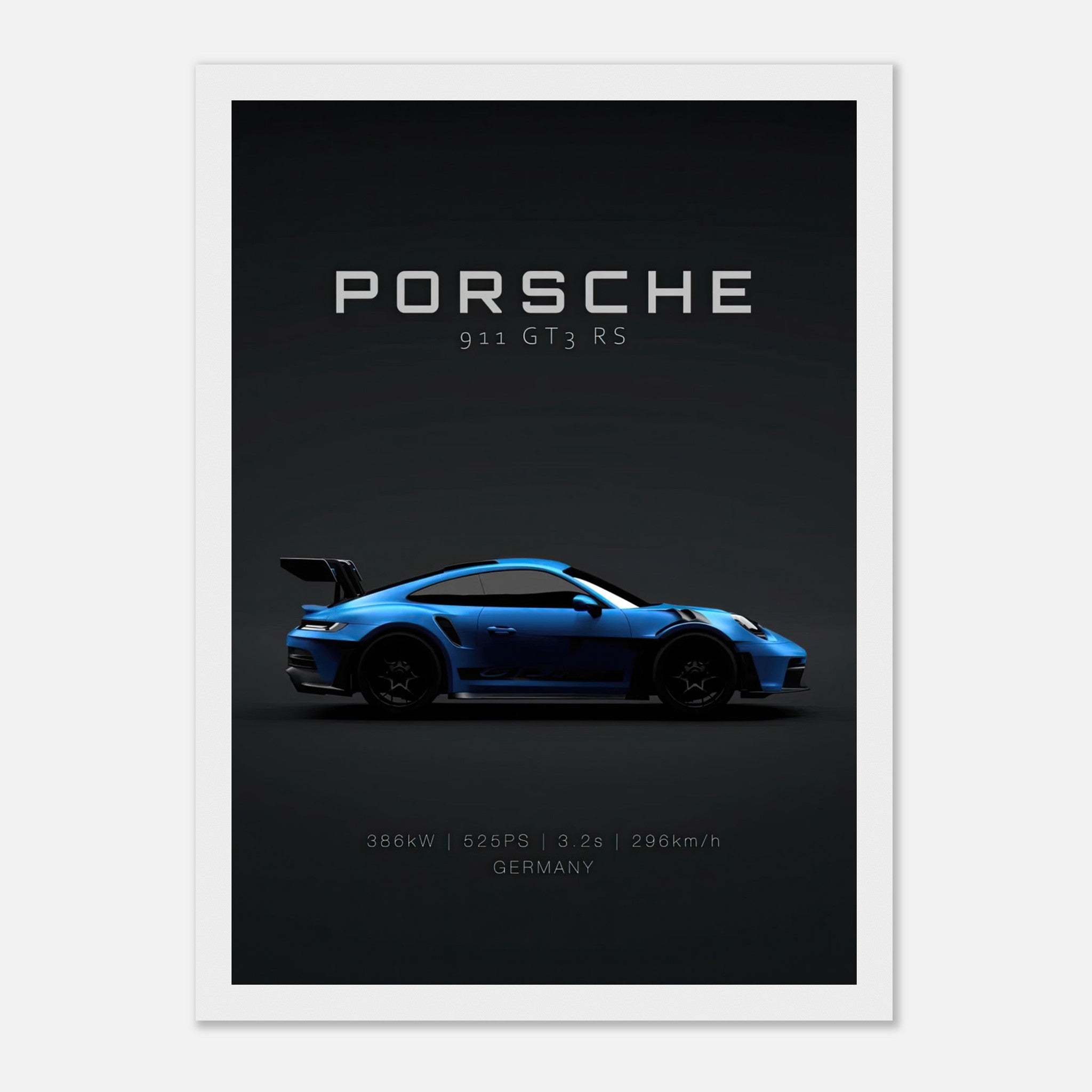 Porsche 911 GT3 RS framed poster showcasing a sleek blue sports car on a dark background with performance stats.