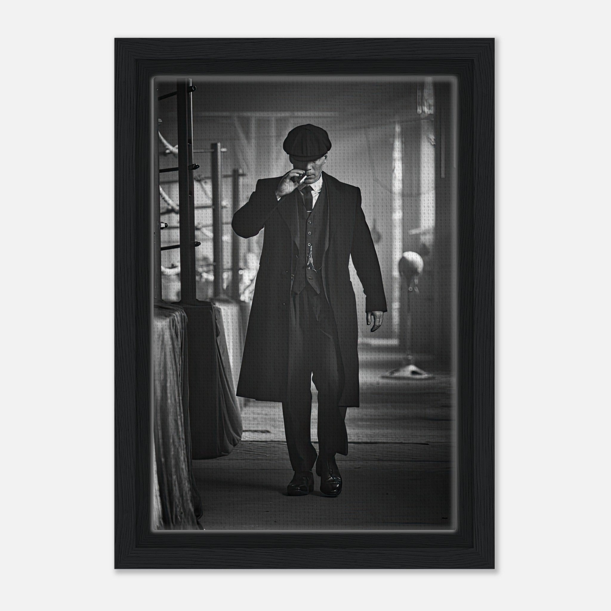 Tommy Shelby framed canvas print from Peaky Blinders, showcasing a stylish figure in monochrome.
