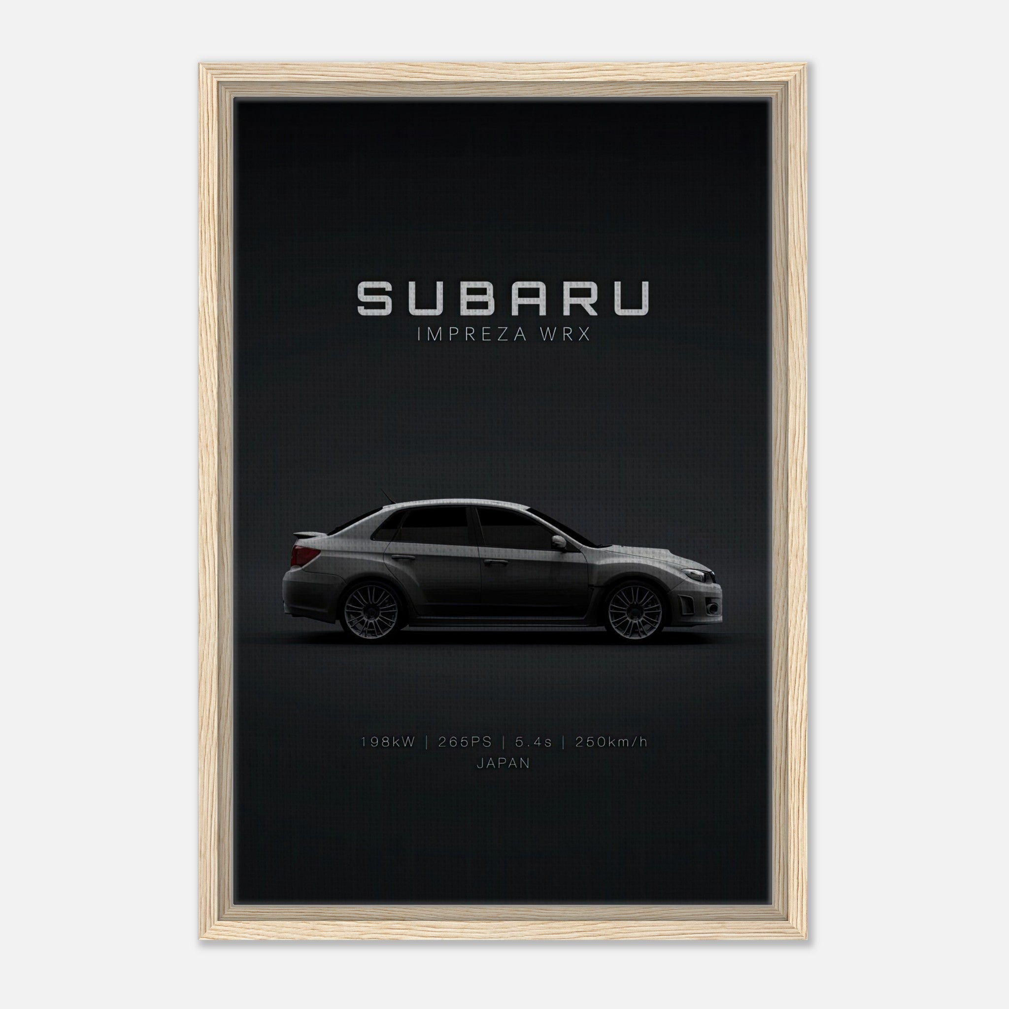 Subaru WRX framed canvas showcasing sleek design and key specifications in a minimalist style.