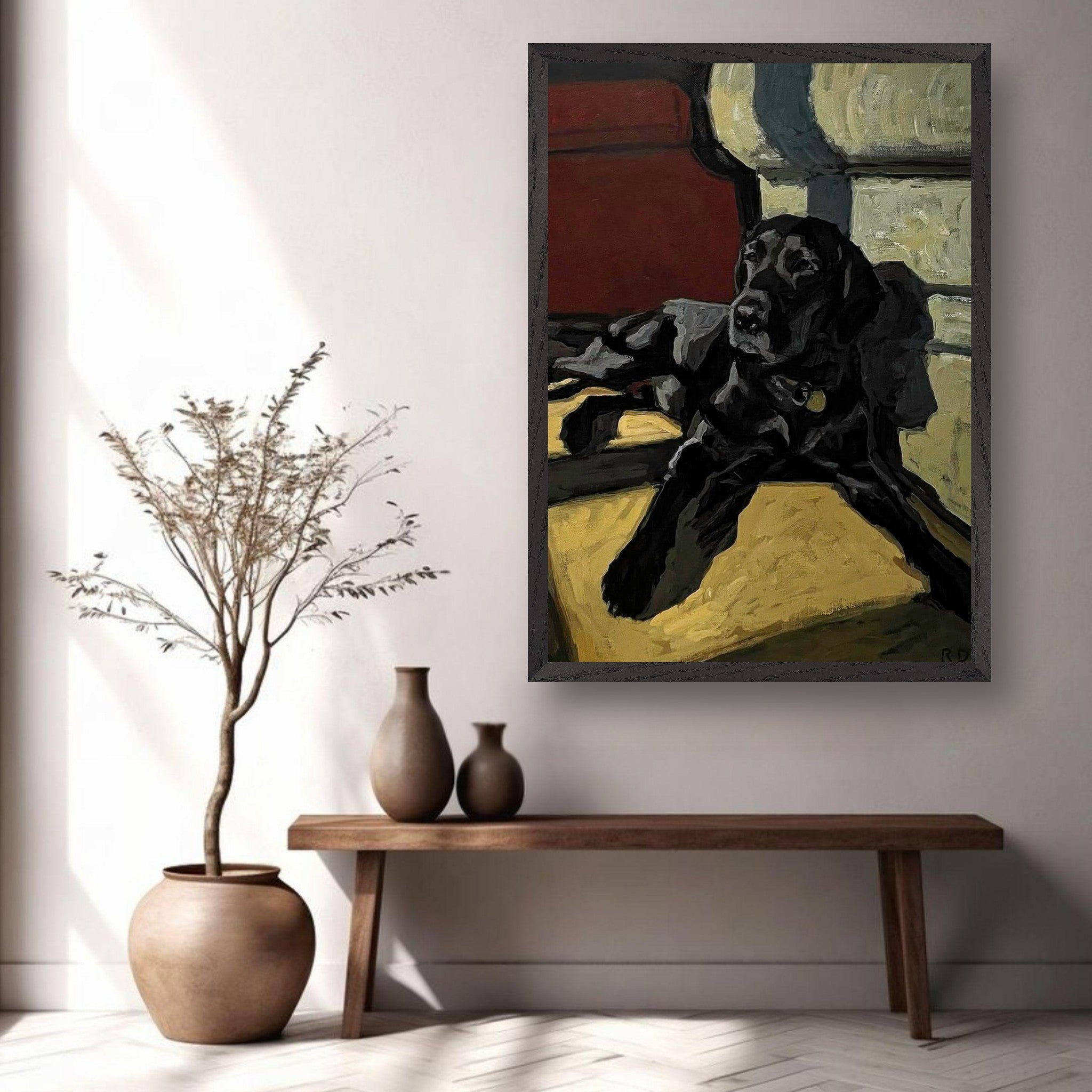 Black Labrador dog painting in a stylish living room setting, showcasing fine art and sophistication.