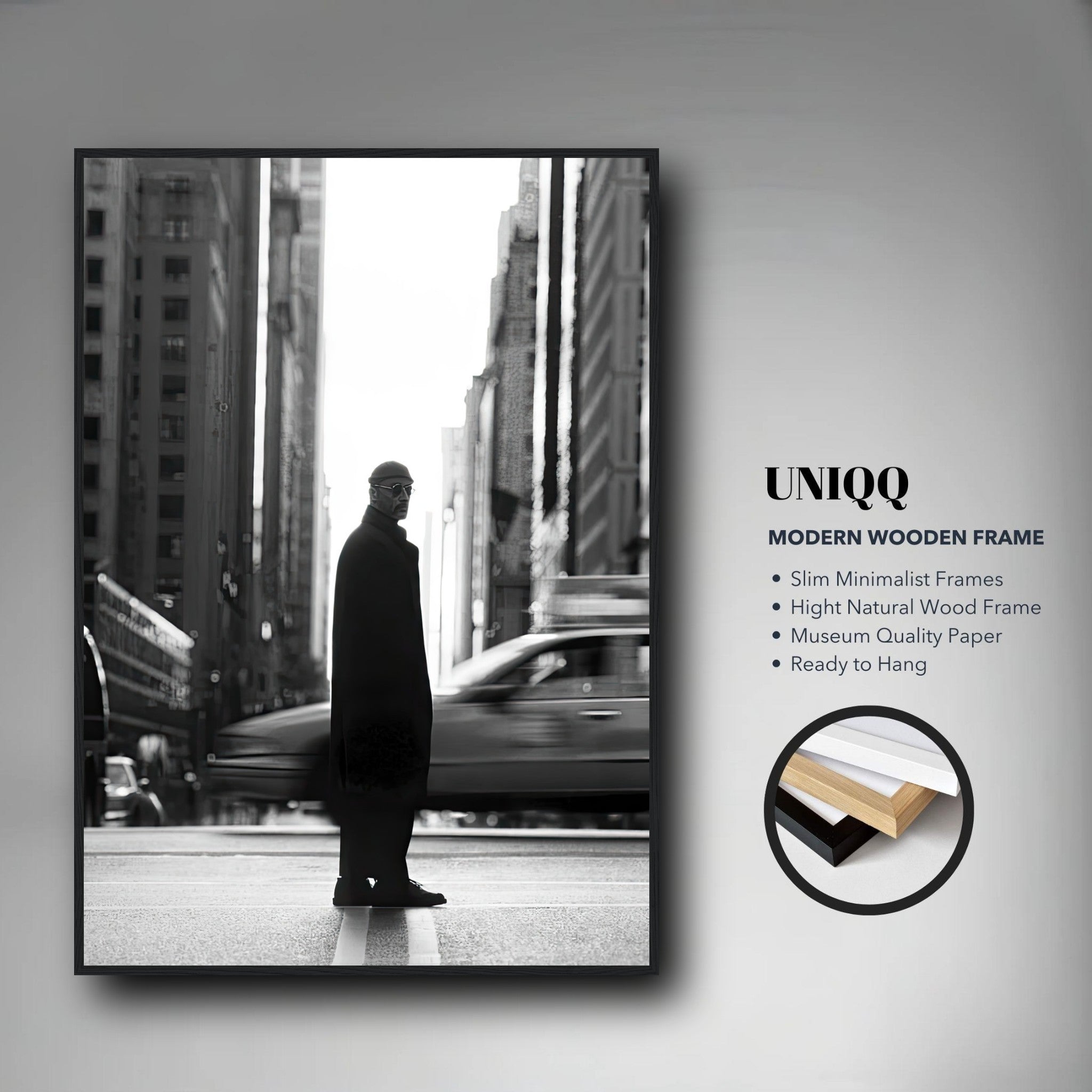Jean Reno as Leon in New York framed print, black-and-white art, modern wooden frame, ready to hang.
