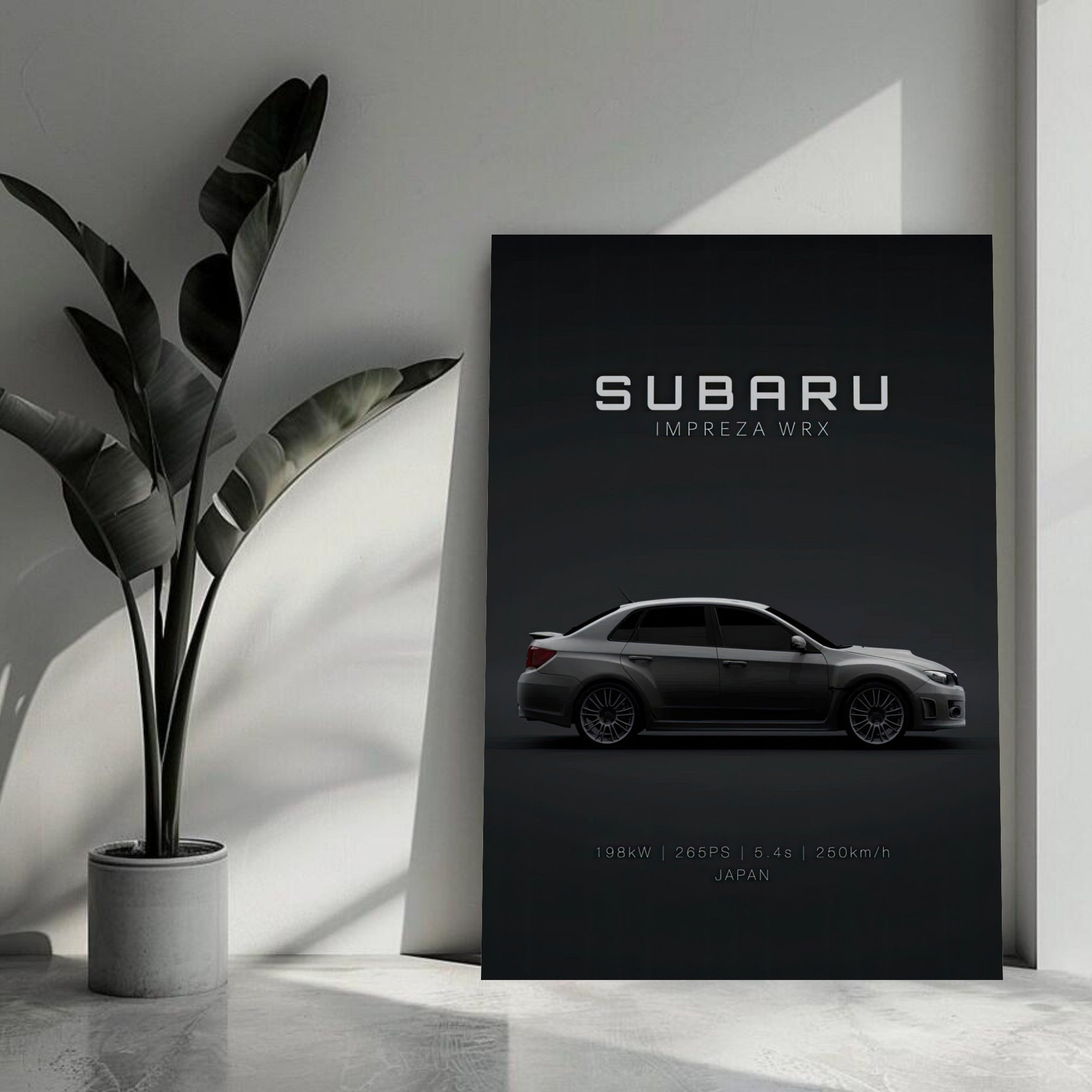 Subaru WRX metal print showcasing a side profile of the iconic vehicle, perfect for car enthusiasts and modern decor.