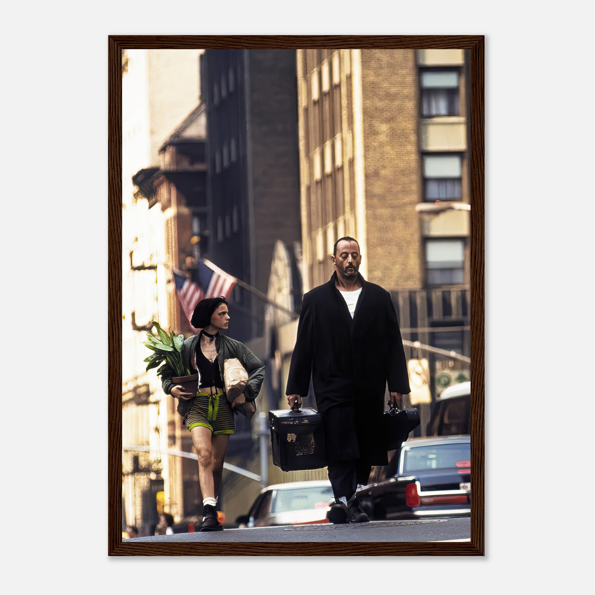 Jean Reno and Natalie Portman walking on a city street from the film *Leon*, framed print capturing their iconic scene.