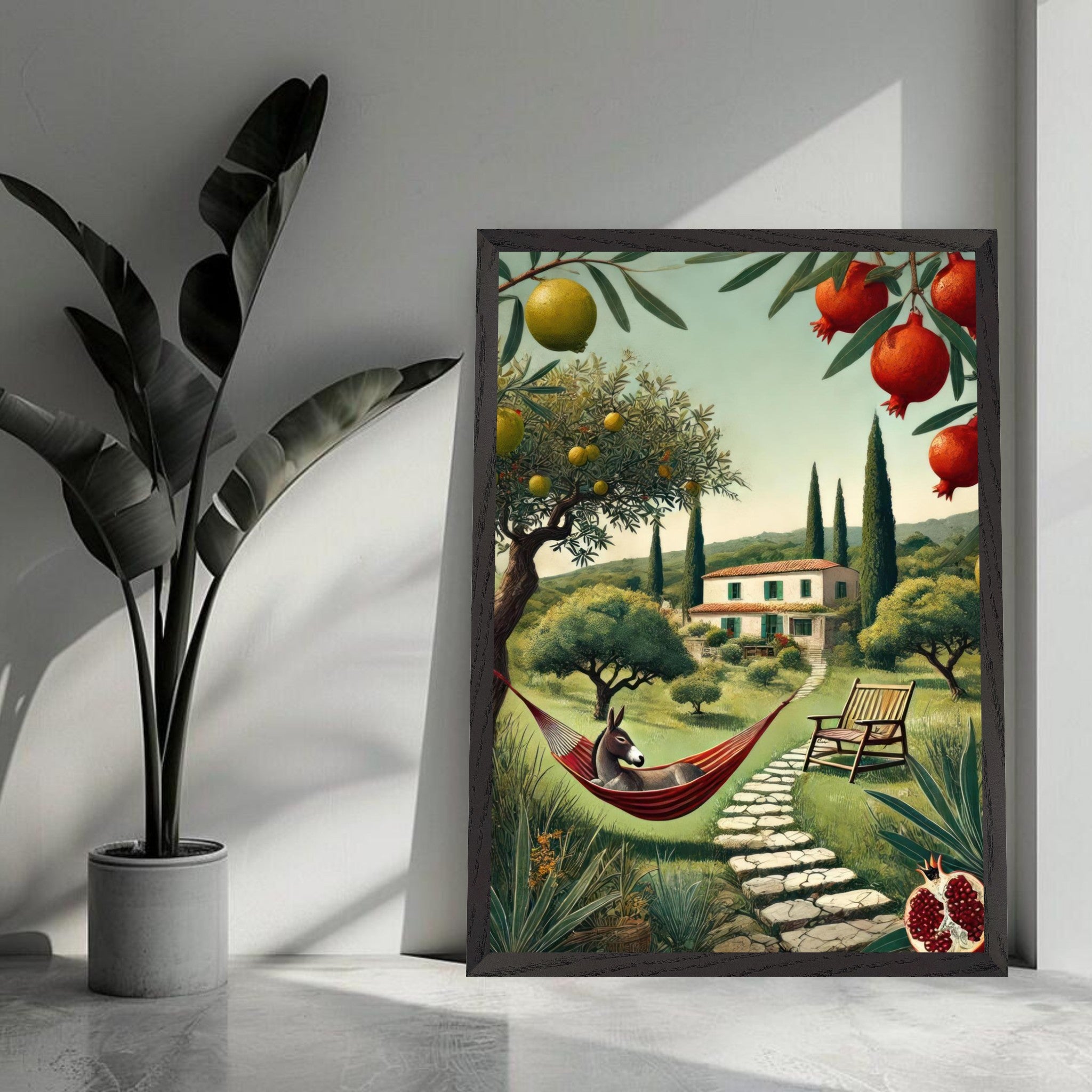 Mediterranean rural landscape artwork featuring a donkey in a hammock, cypress trees, and vibrant pomegranate fruits.