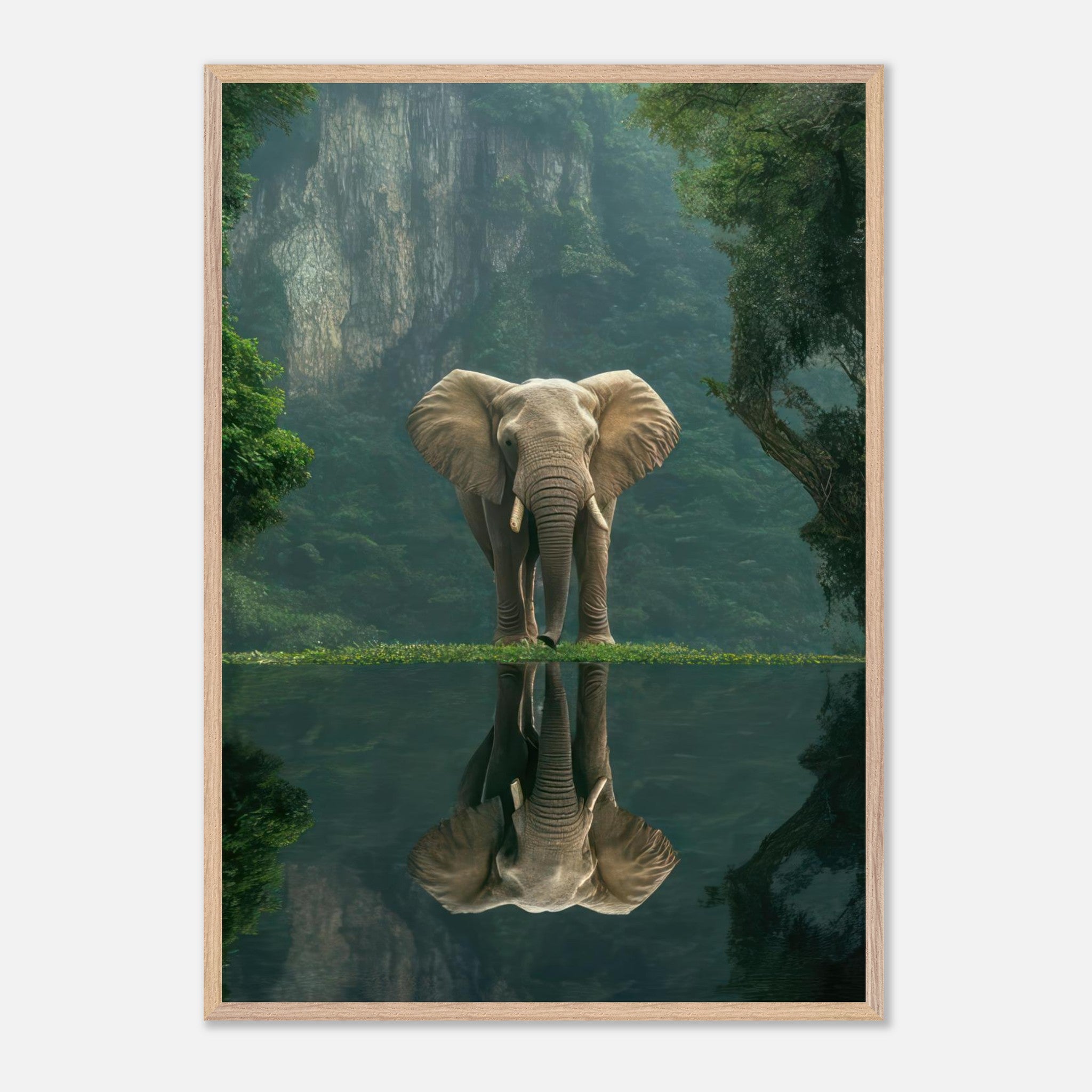 Majestic elephant portrait in vintage frame, reflecting in serene jungle water, surrounded by lush greenery.