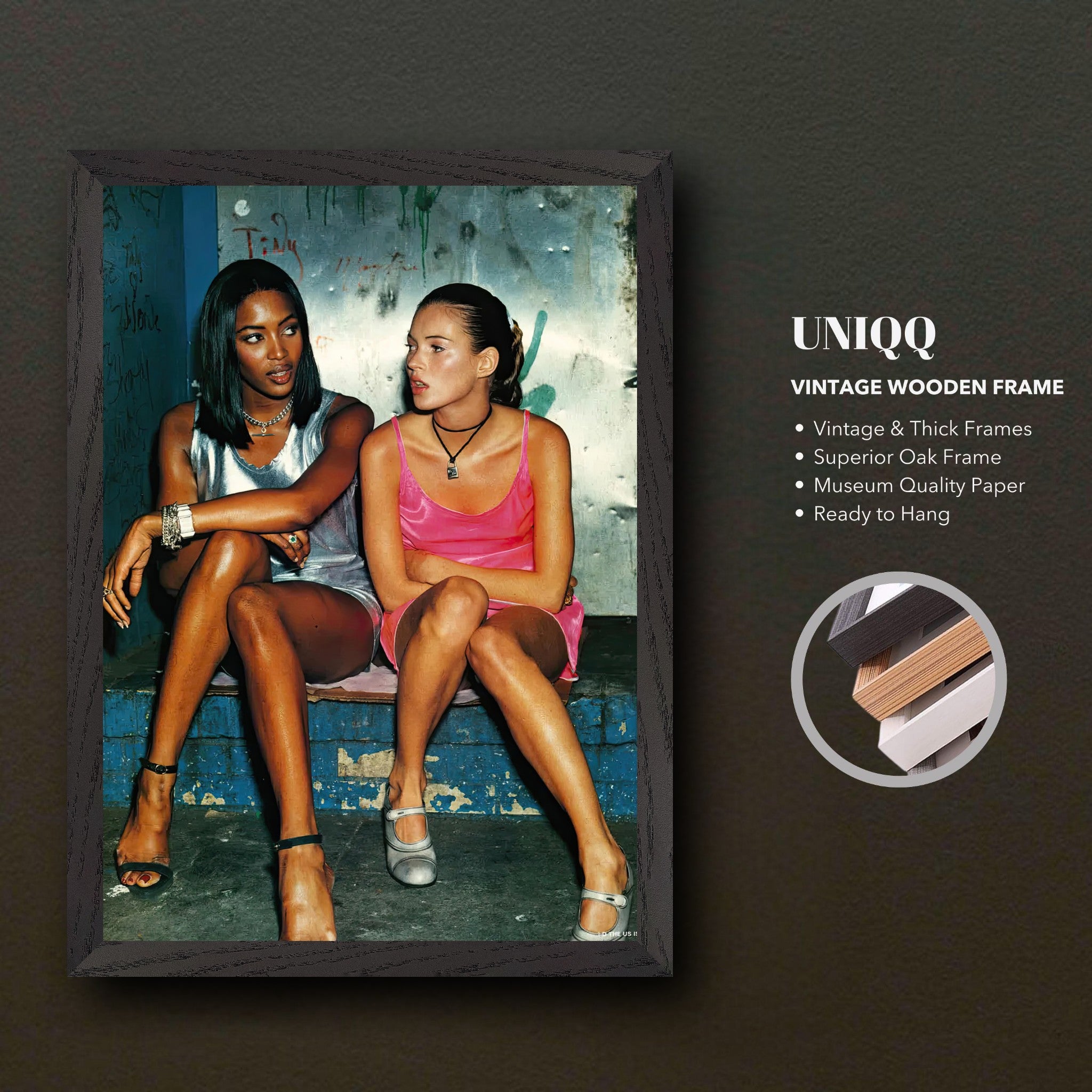 Vintage framed print of Naomi Campbell and Kate Moss, capturing 90s supermodel glam and edgy style.
