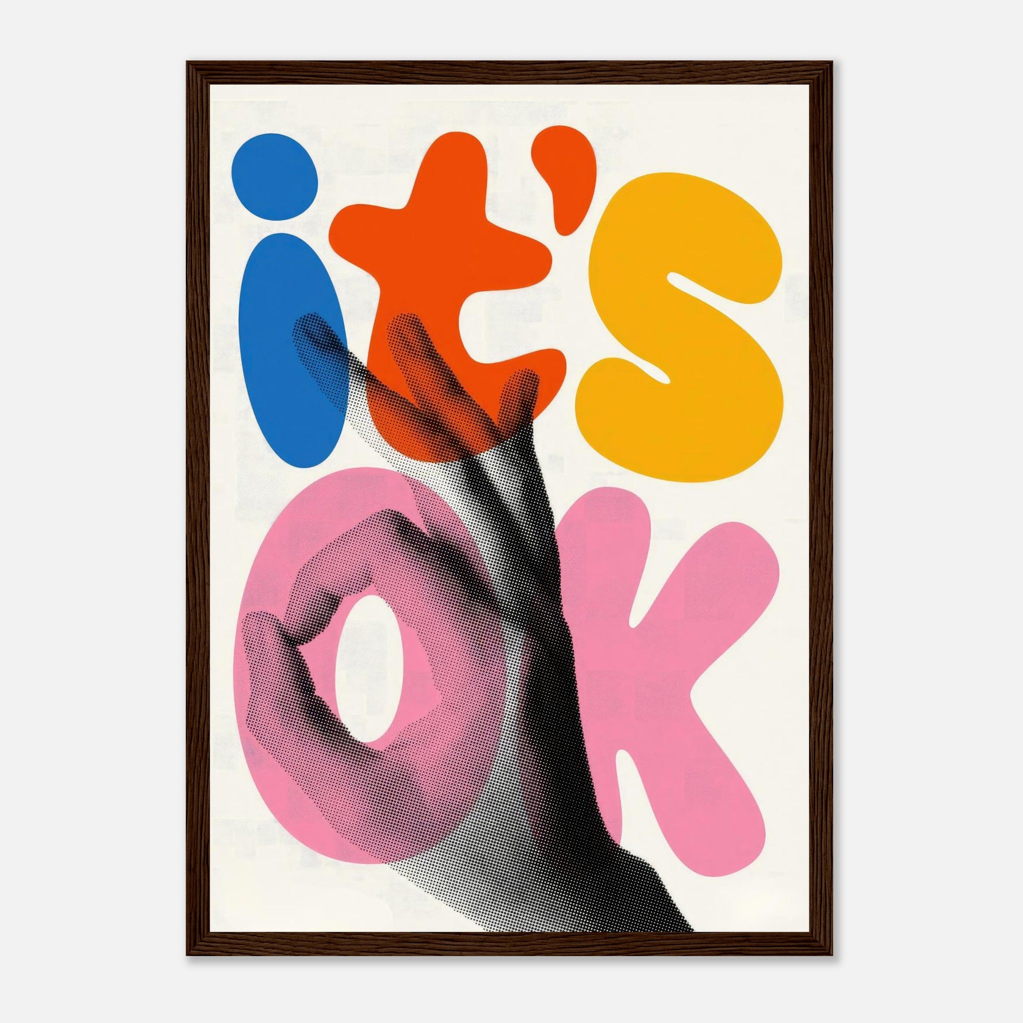 It's Ok Retro Abstract Pop Art Framed Print featuring a hand gesture and vibrant typography, ideal for uplifting decor.