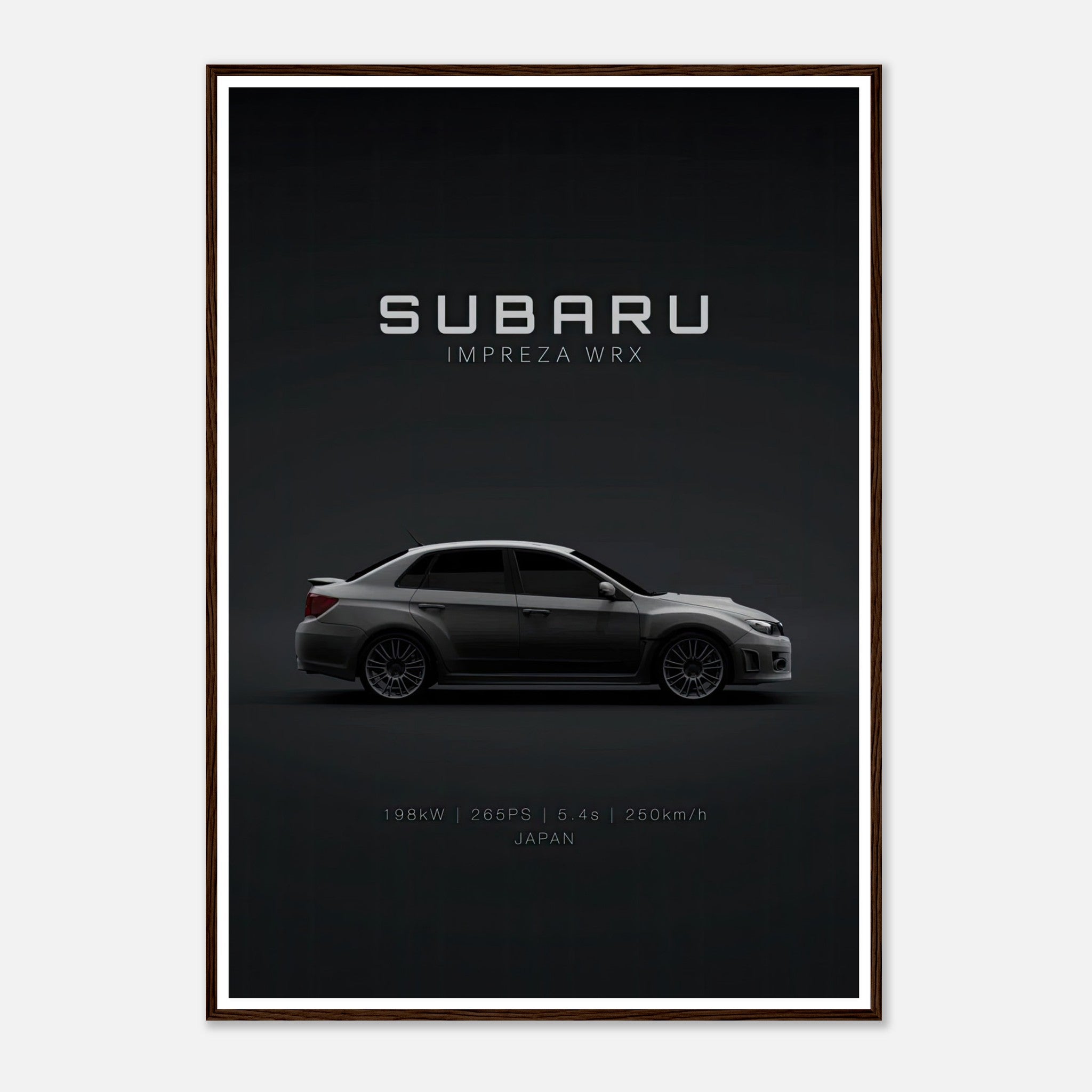Subaru WRX framed poster featuring sleek design and minimalist aesthetics, highlighting precision and performance.