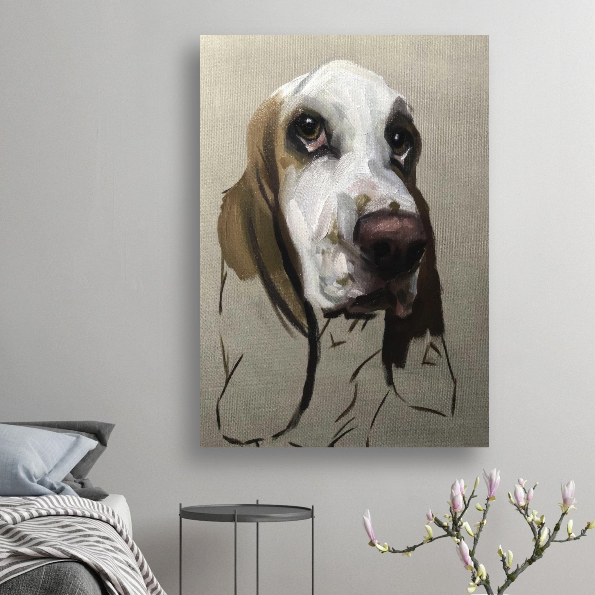 Basset Hound dog painting poster featuring expressive eyes and droopy ears, ideal for pet lovers' decor.