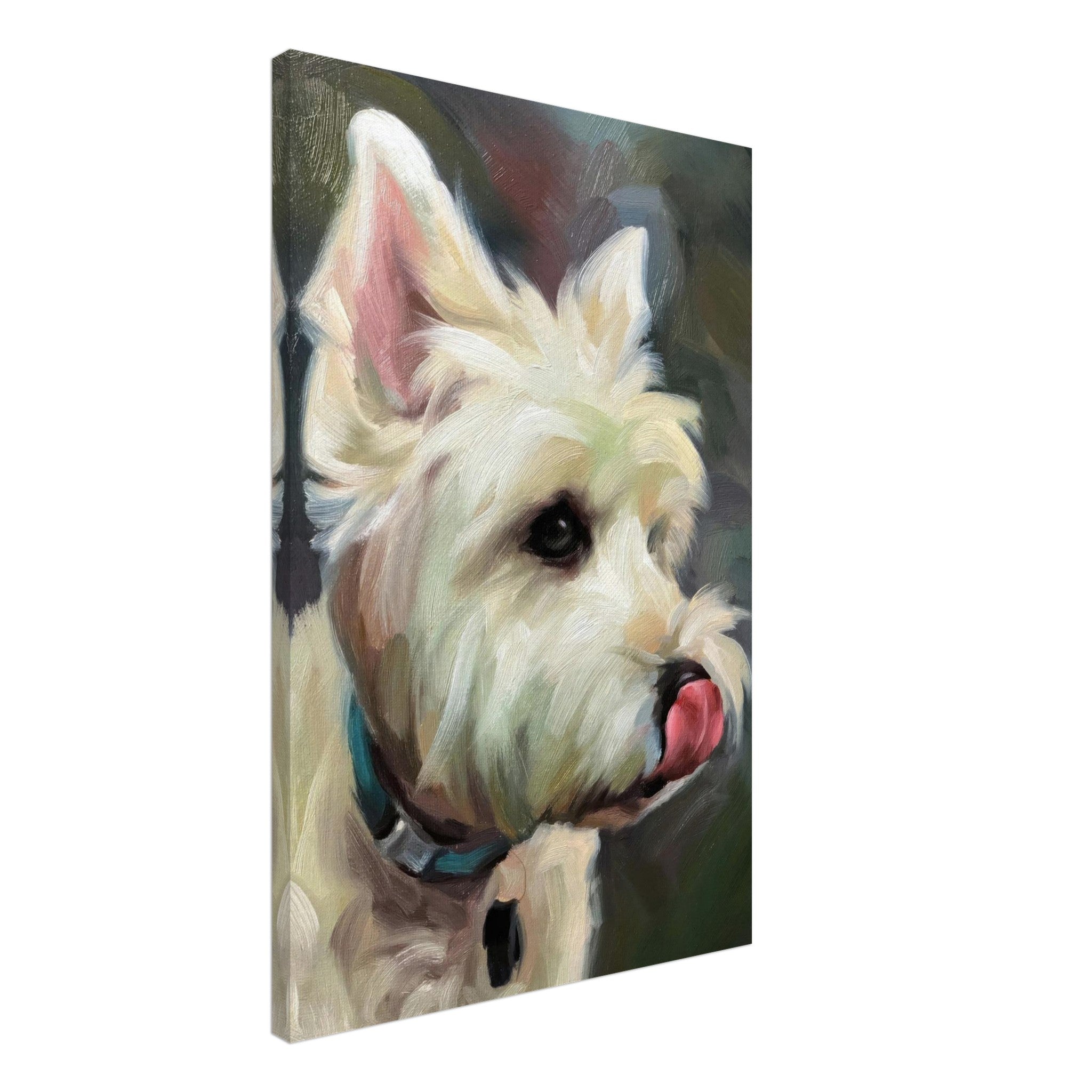 Westie dog painting canvas print showcasing a playful West Highland Terrier with expressive eyes and tongue out.