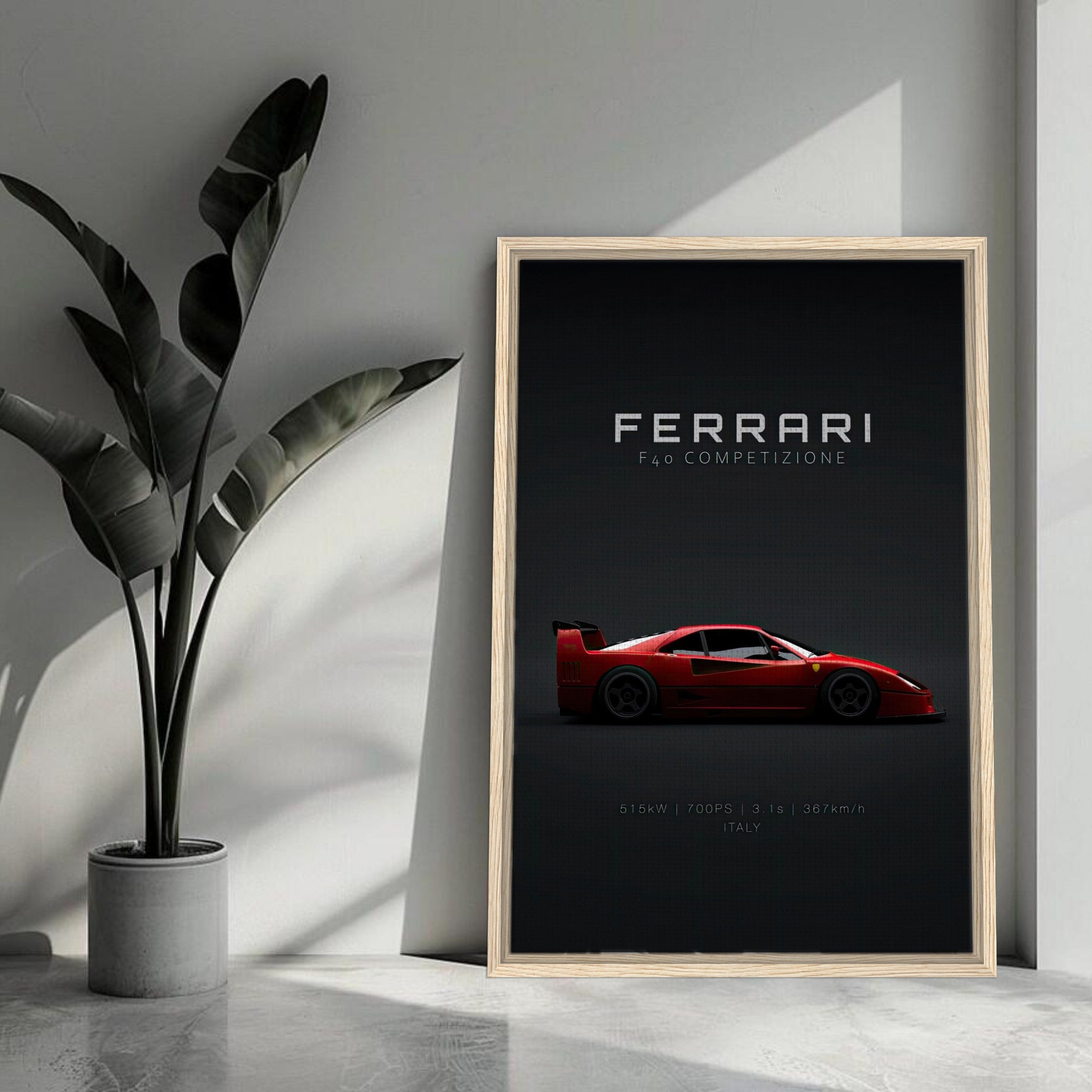 Ferrari F40 Competizione framed canvas art featuring a sleek red supercar against a minimalist black background.