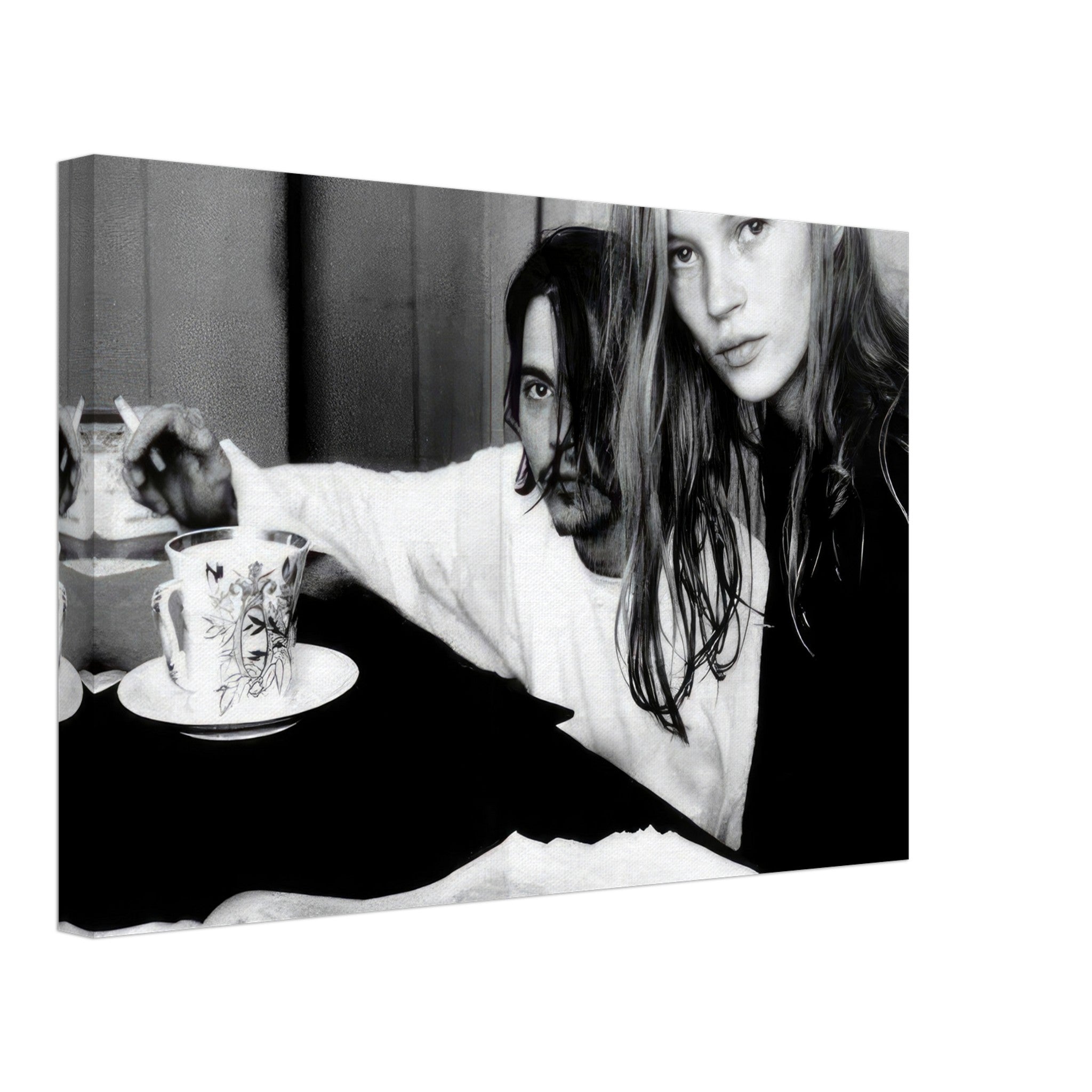 Rebel Romance canvas print featuring Johnny Depp and Kate Moss in a black-and-white iconic image from the 90s.