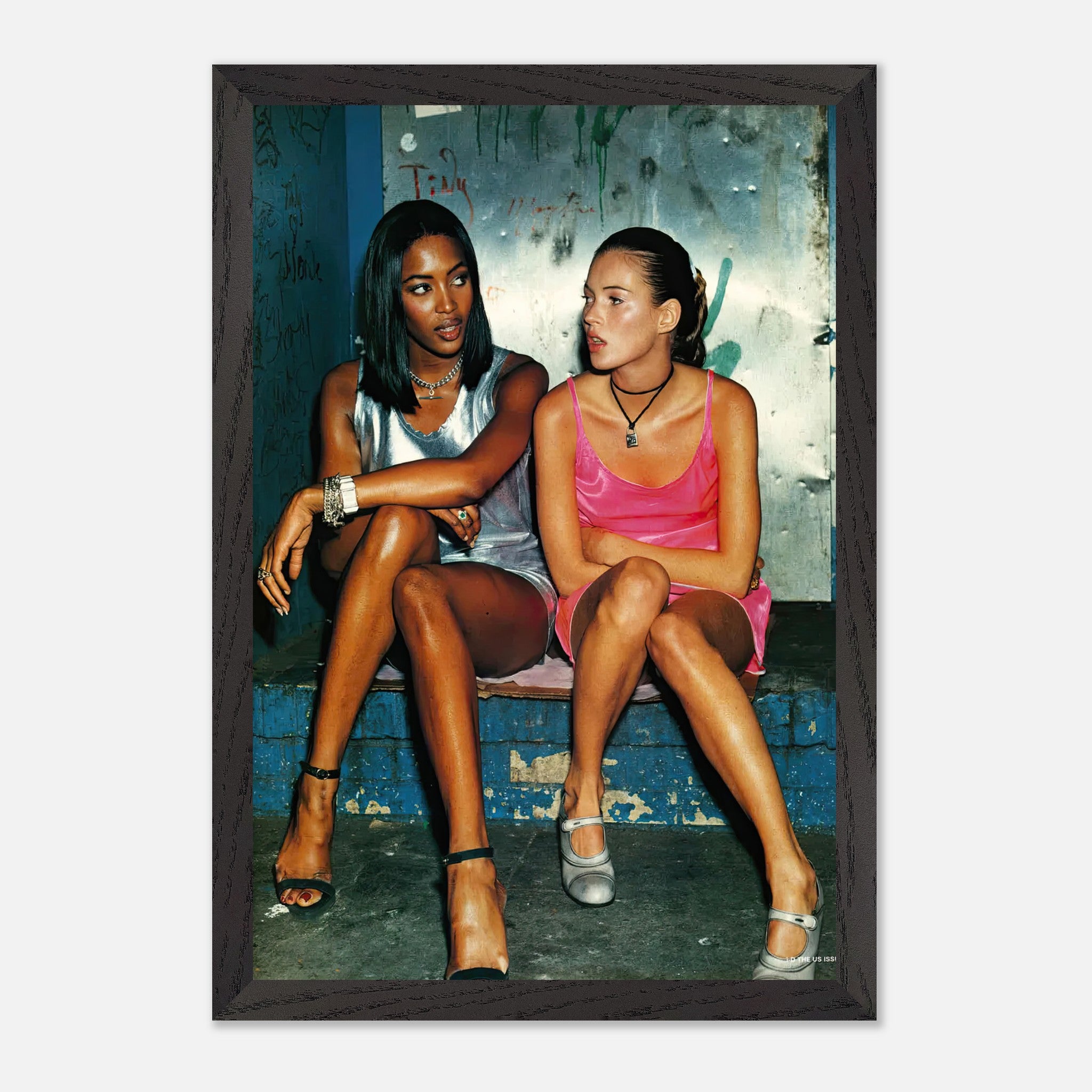 Naomi Campbell and Kate Moss in a stylish moment, showcasing timeless fashion and elegance in a fine art print.