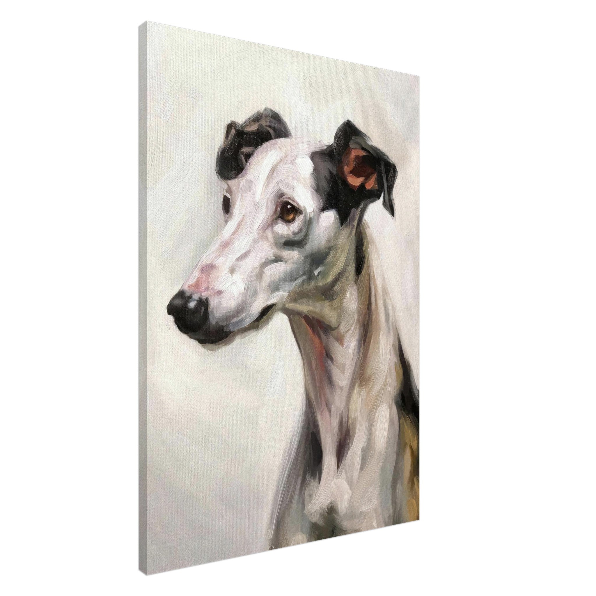 Greyhound dog painting canvas print showcasing elegant portrait with soft brushstrokes and muted colors.