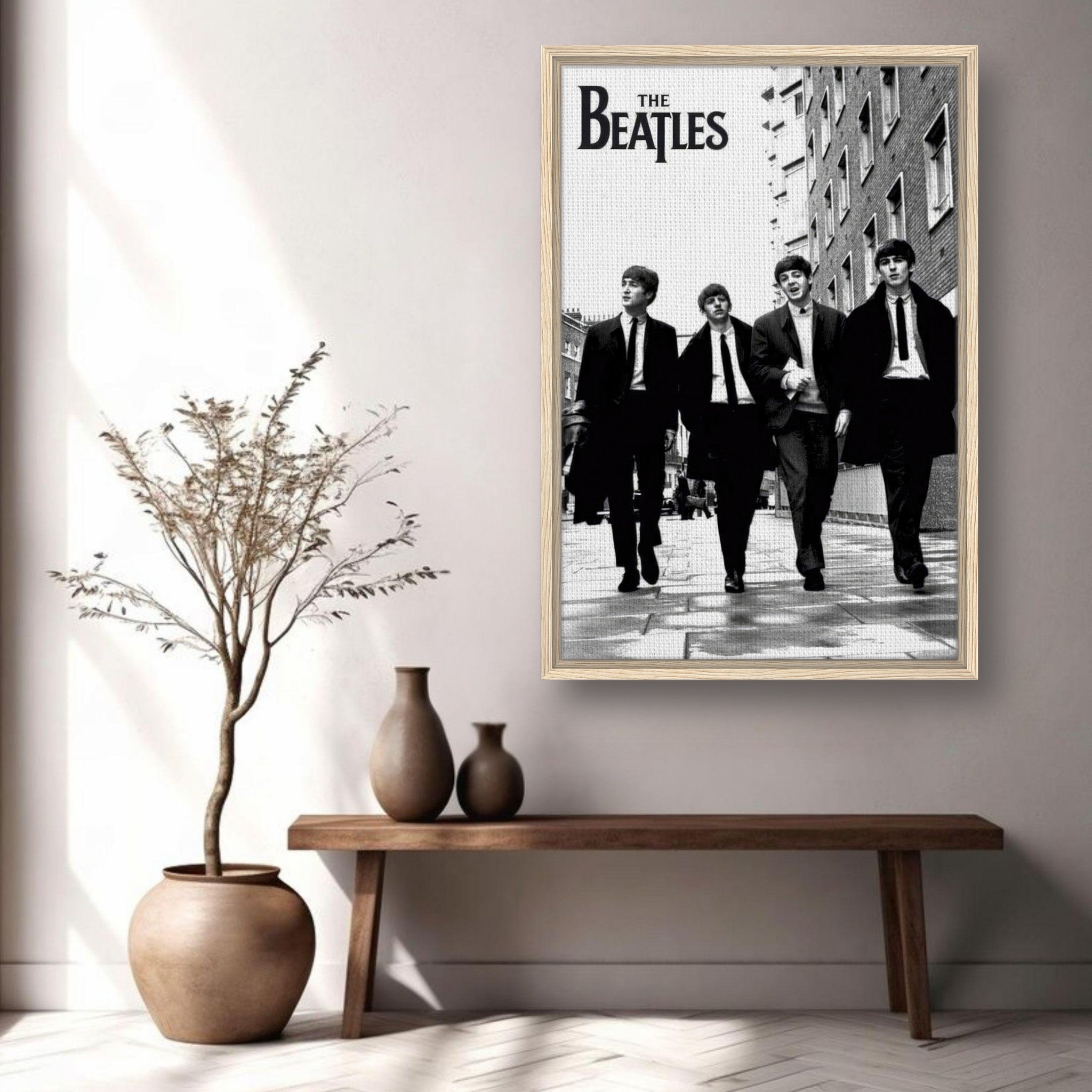 Framed canvas print of The Beatles walking in black and white, perfect for music and art enthusiasts.