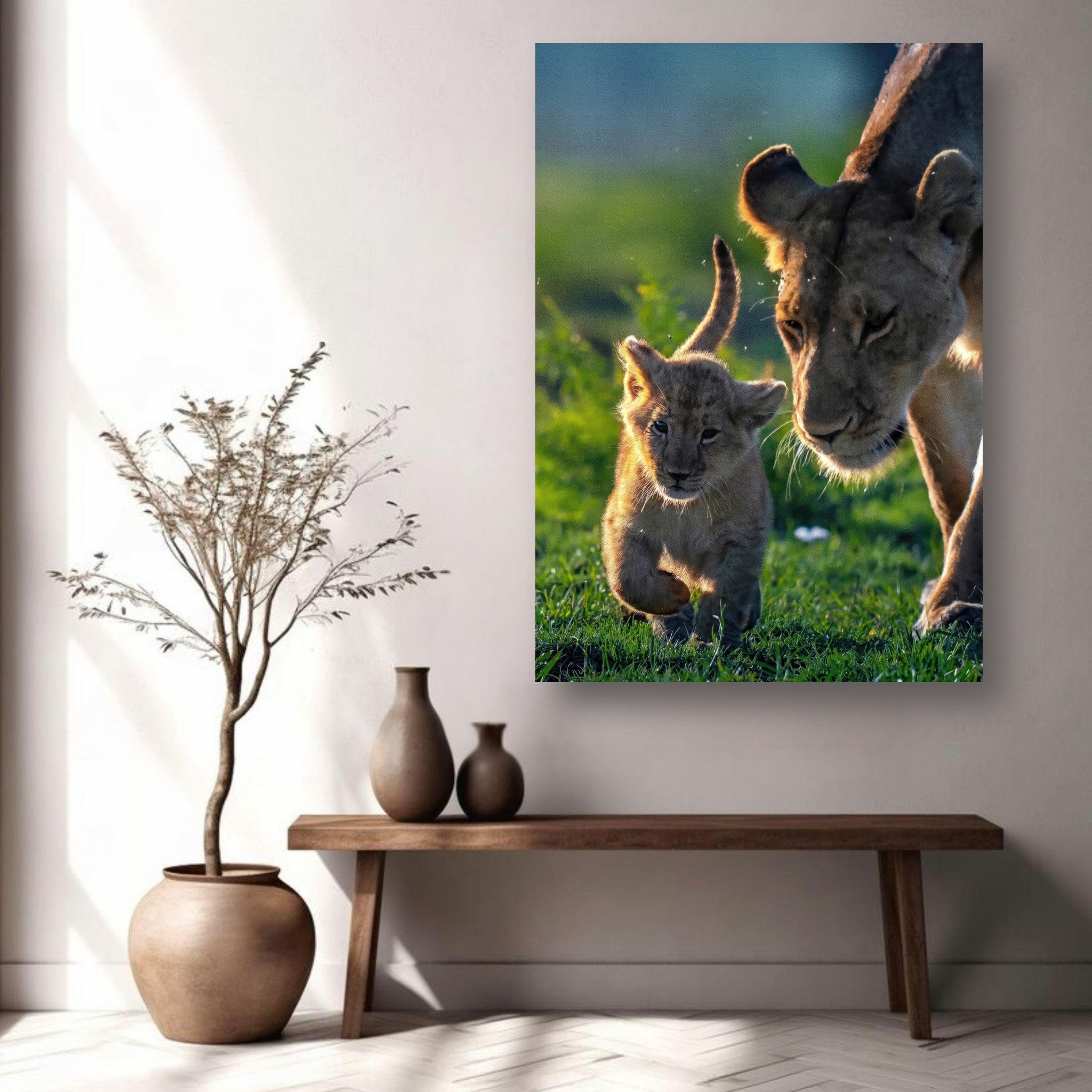 Protective Lion Mother Metal Print showcasing a lioness and her playful cub in a vibrant natural setting.