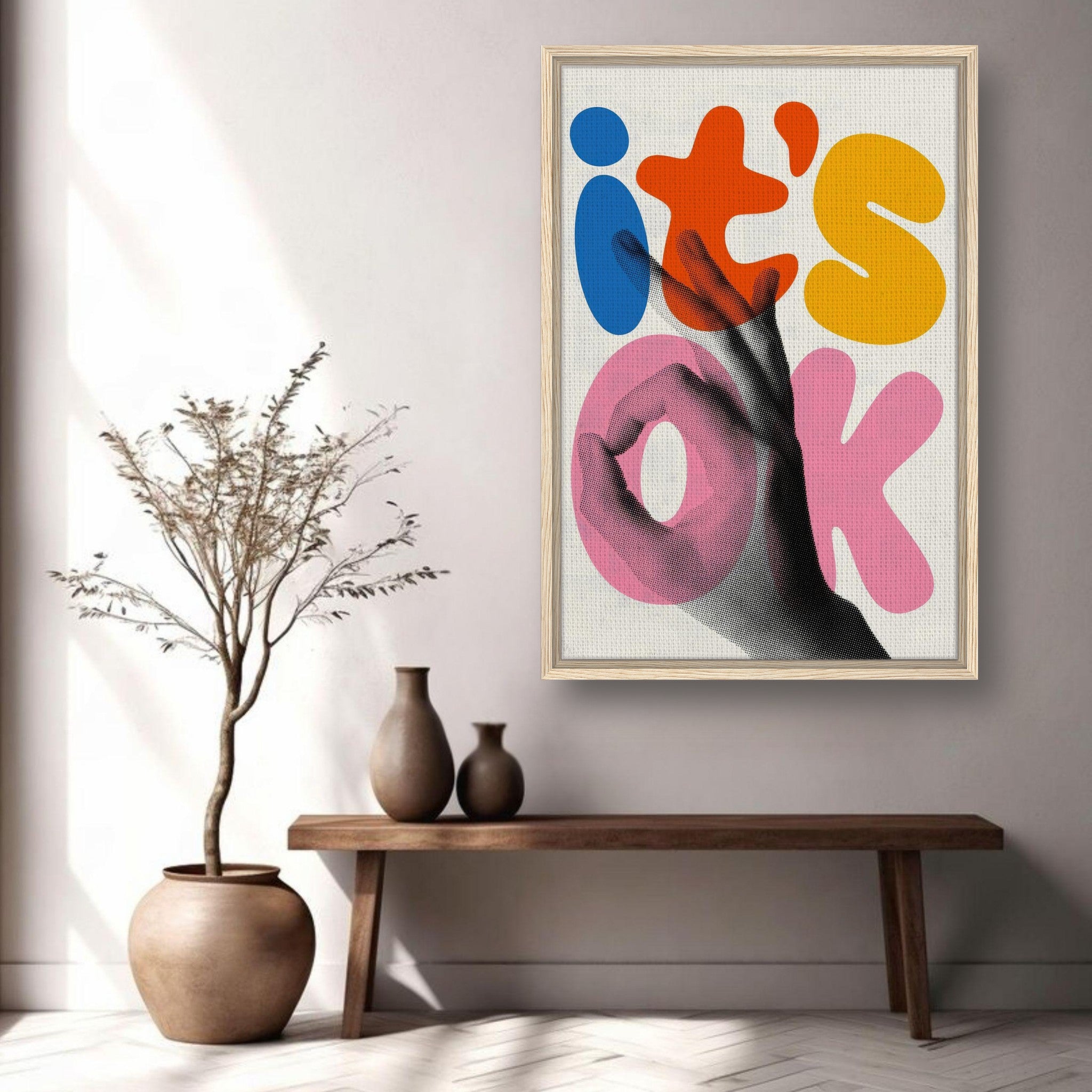 Retro abstract pop art framed canvas print featuring bold 'it's OK' typography and a hand gesture.