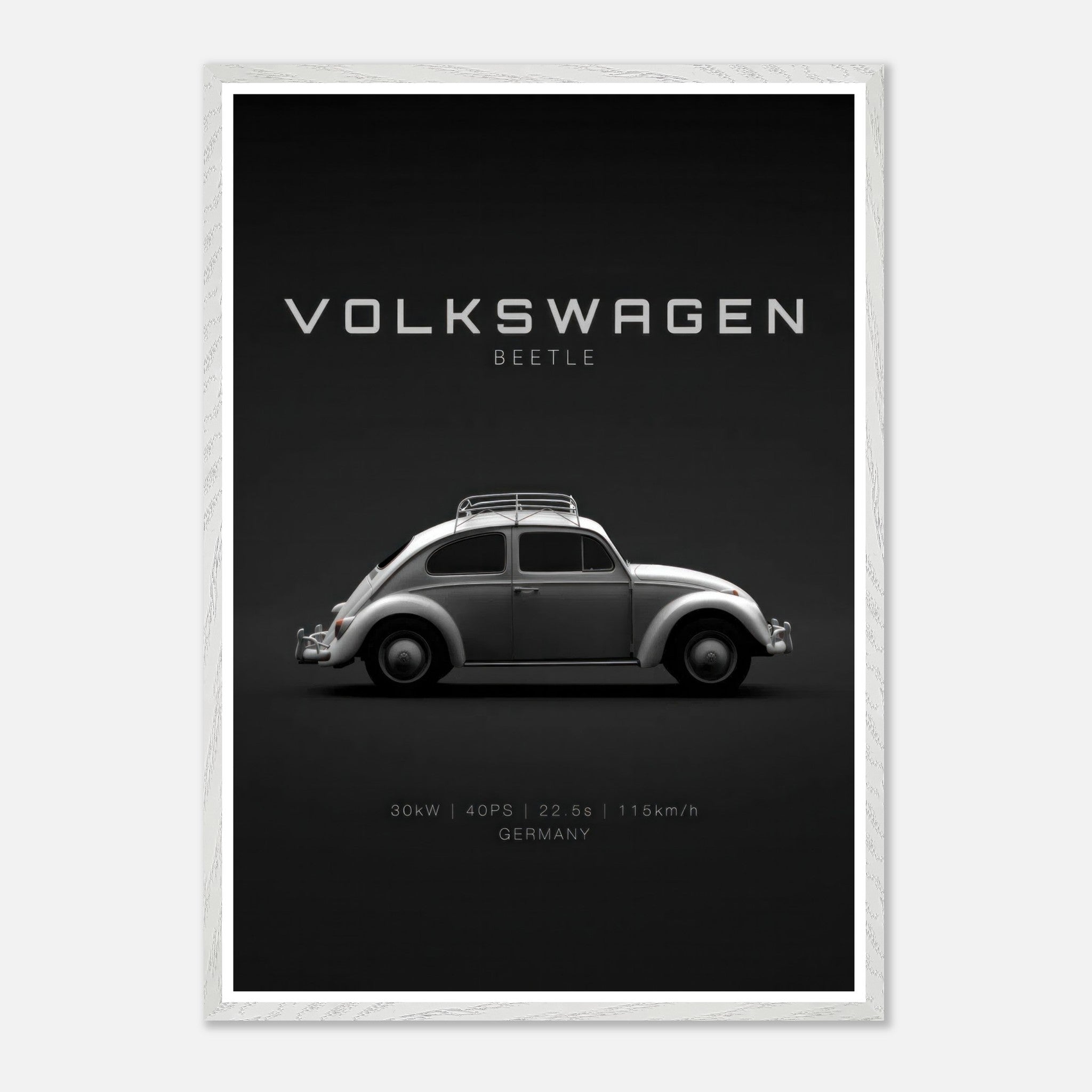 Volkswagen Beetle vintage framed art featuring sleek silver design on a minimalist black background.