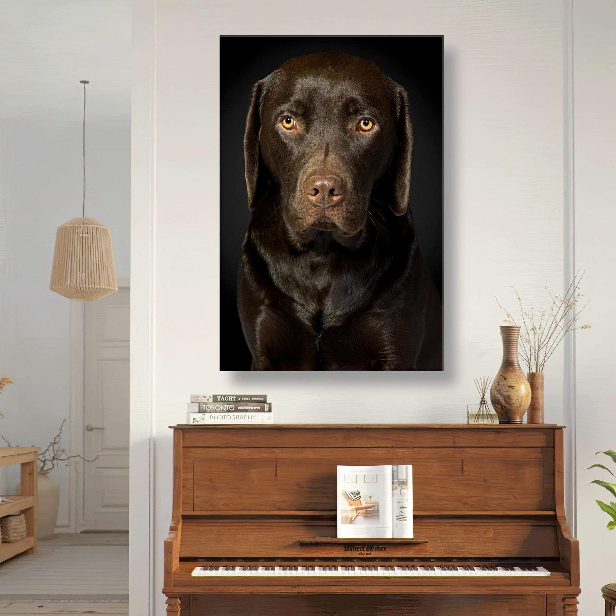 Chocolate Labrador portrait canvas print hanging above a piano in a stylish living room.