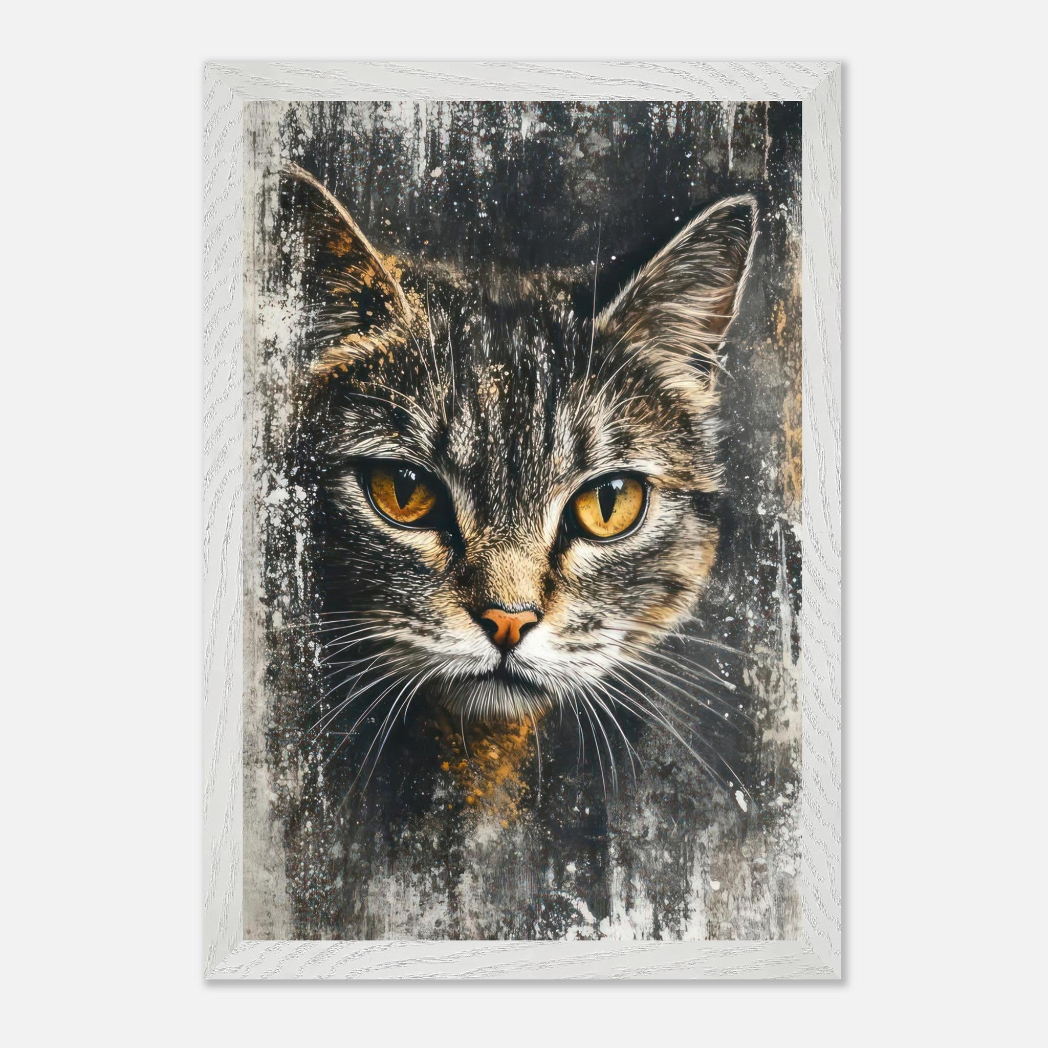 Cat painting artwork featuring a majestic feline with striking golden eyes on a textured background.