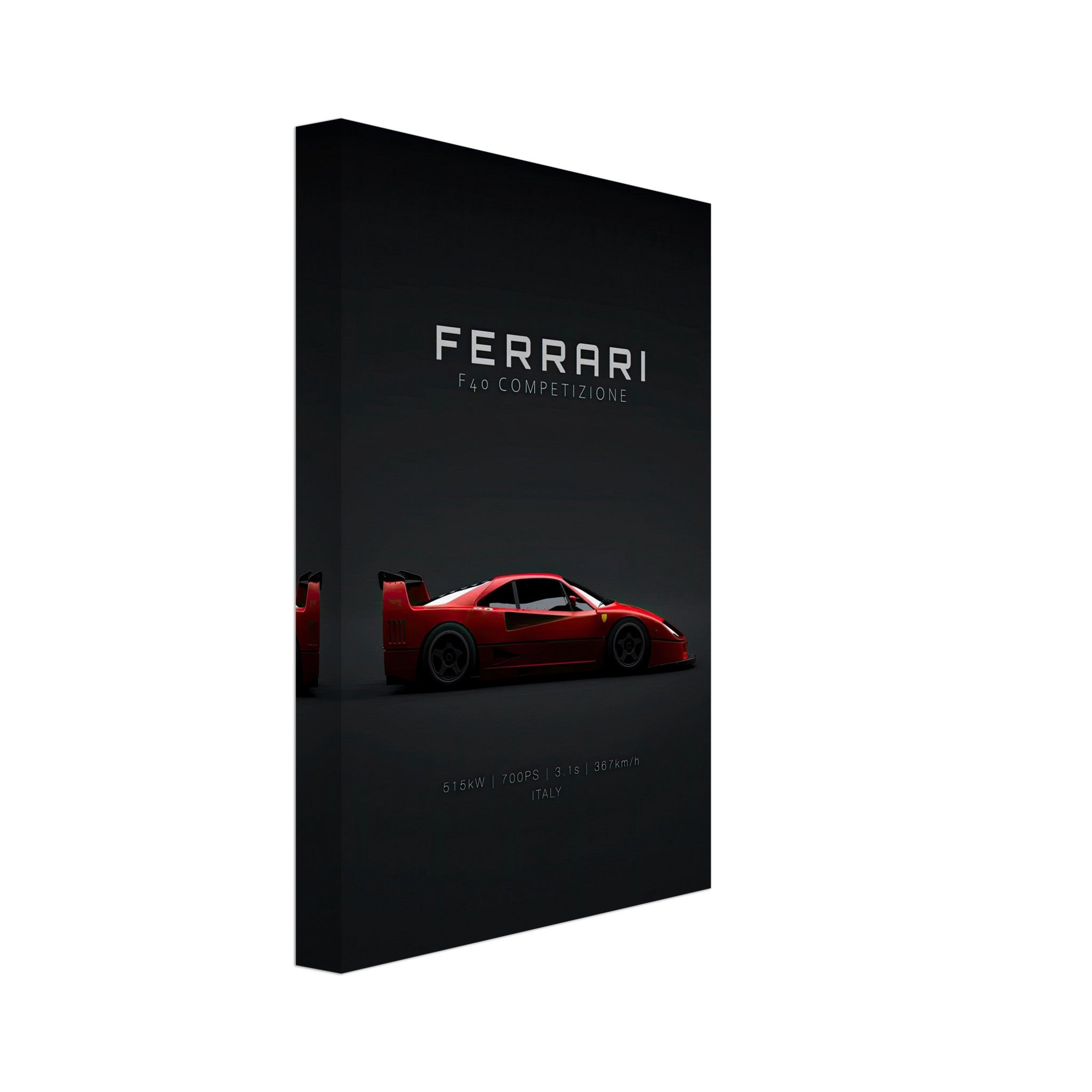 Ferrari F40 Competizione canvas artwork showcasing a sleek red supercar on a minimalist black background.