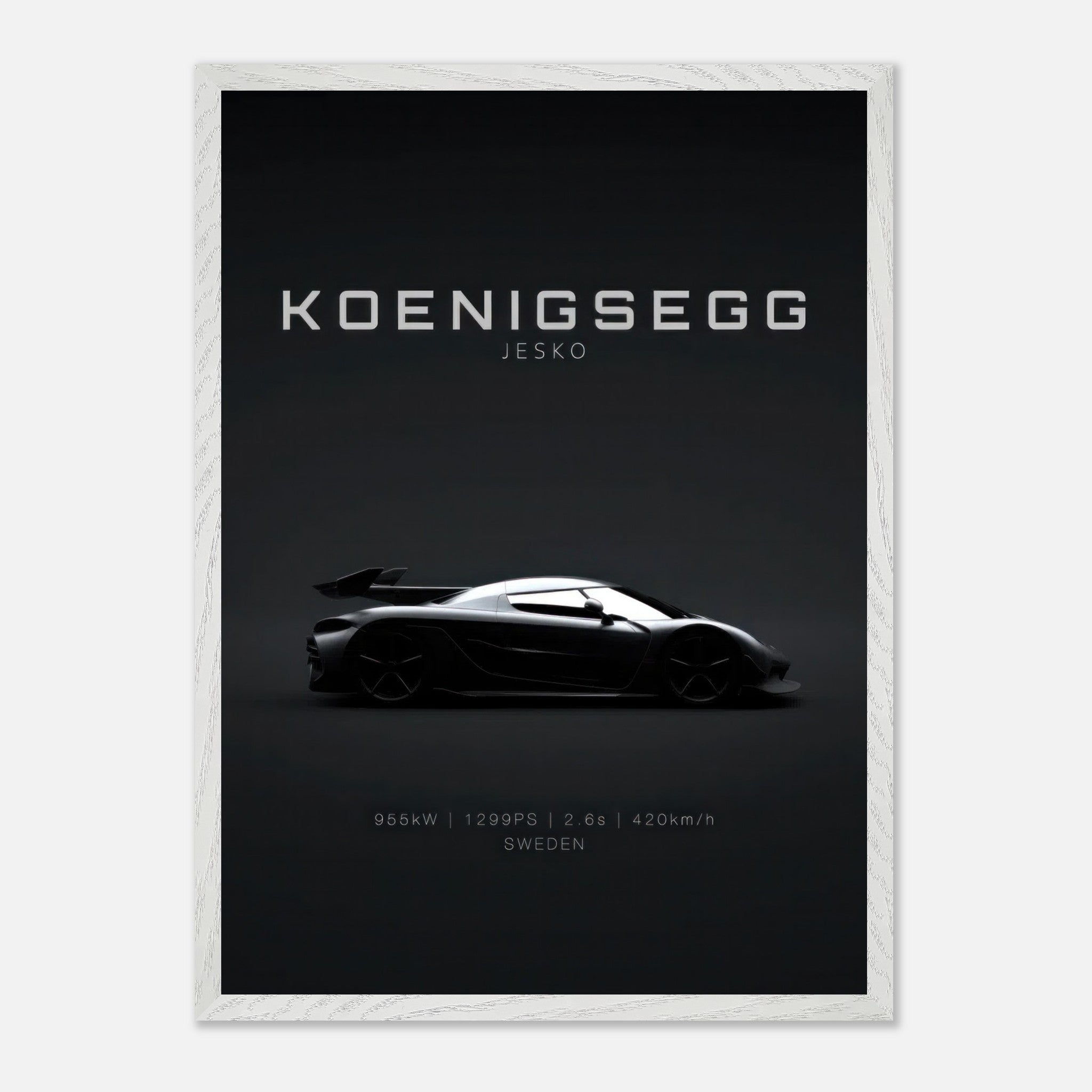 Koenigsegg Jesko vintage framed art showcasing the sleek silhouette of the hypercar against a black background.