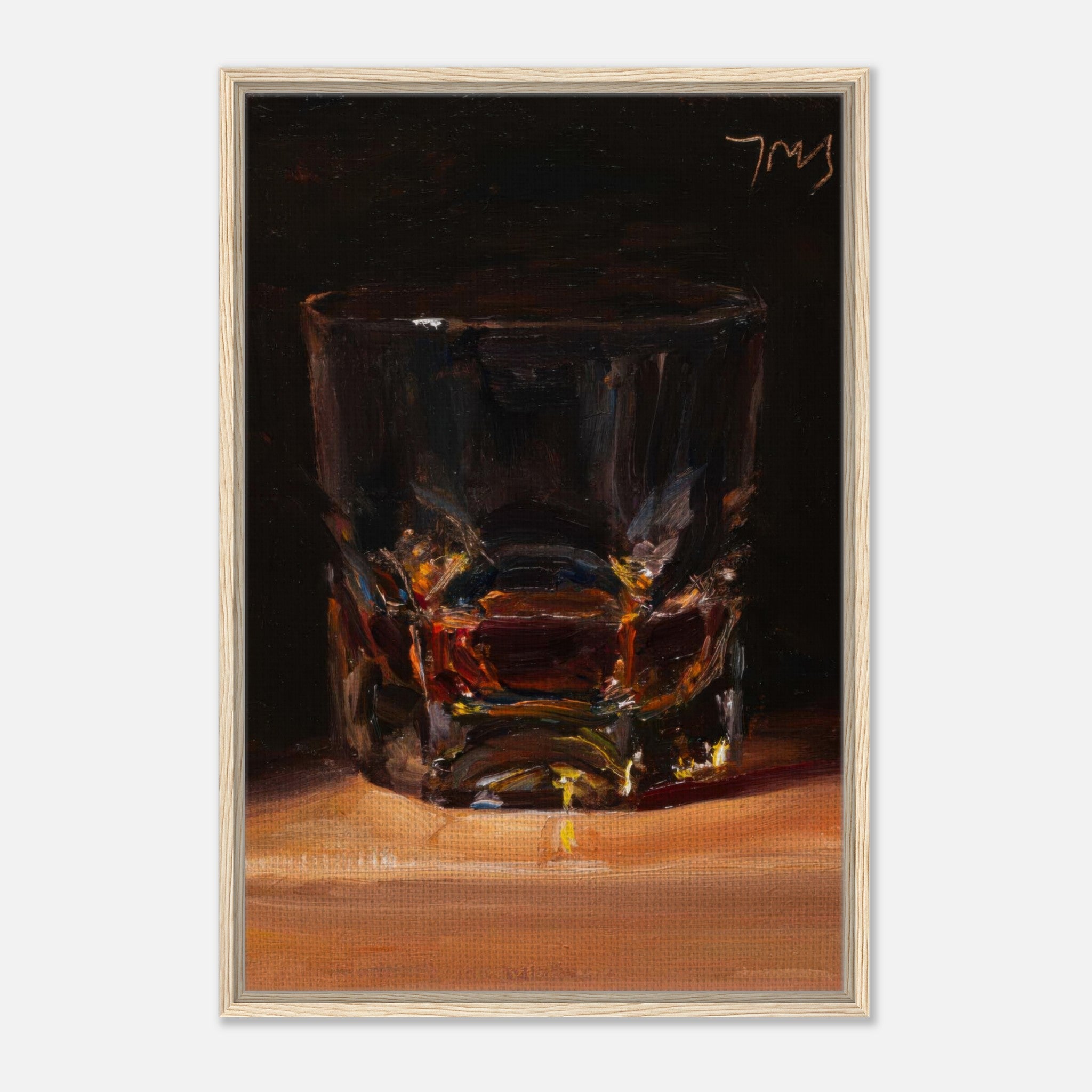 Whiskey-themed framed canvas print showcasing a glass filled with rich amber whiskey, perfect for kitchen or bar decor.