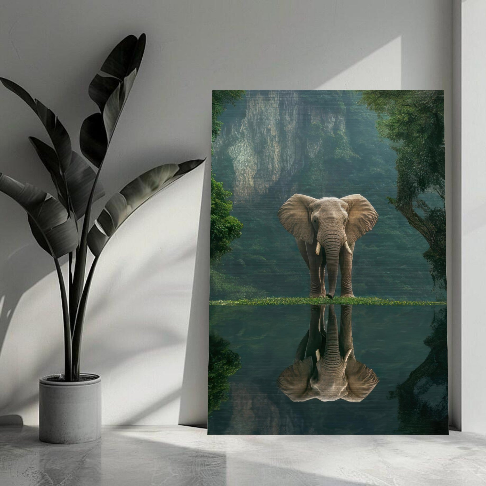 Jungle Elephant Portrait on brushed metal, showcasing an elephant reflected in serene waters surrounded by lush greenery.