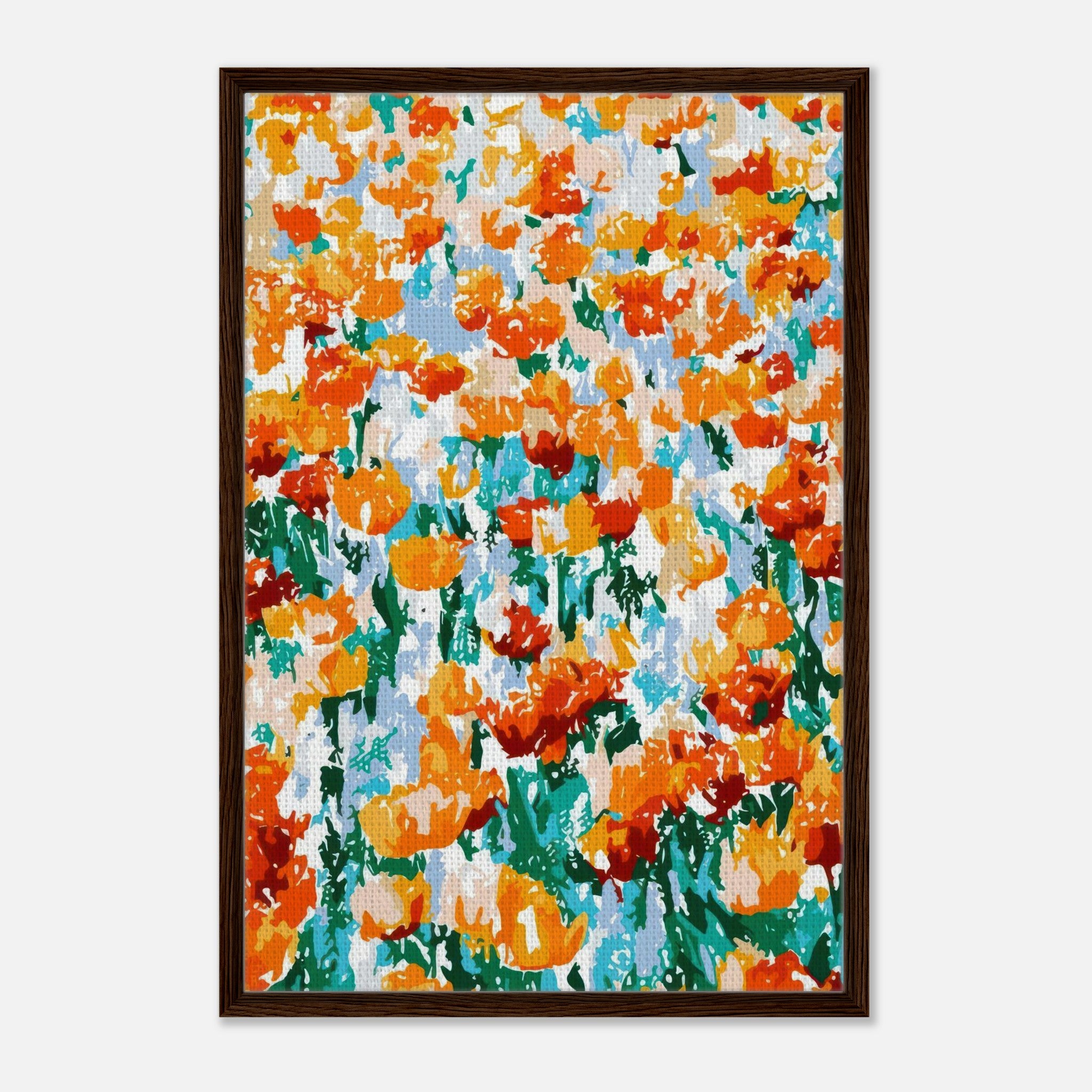 Vibrant abstract floral tulip garden artwork in framed canvas print with bold orange and green hues.