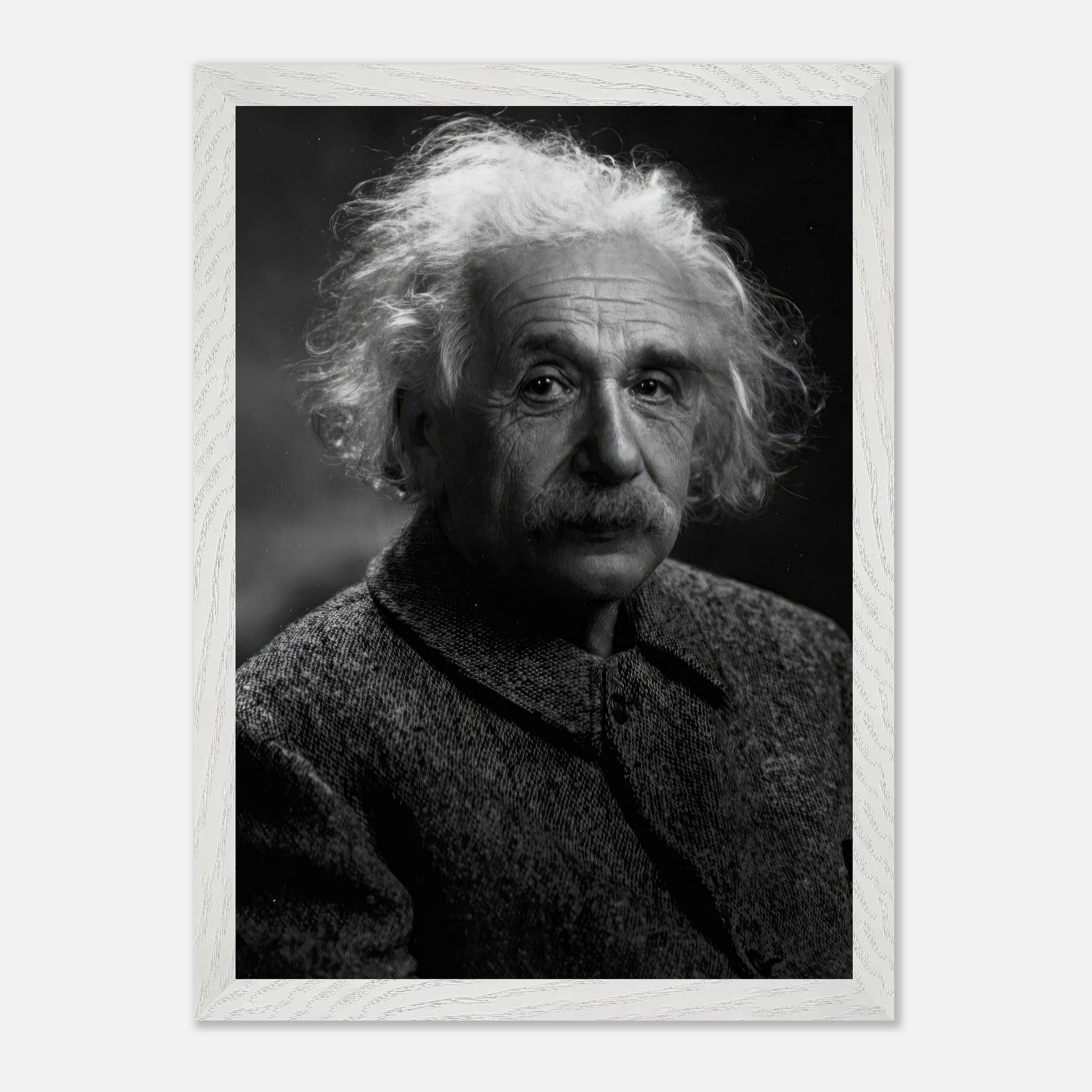 Vintage framed portrait of Albert Einstein, capturing his iconic look and genius in black-and-white.