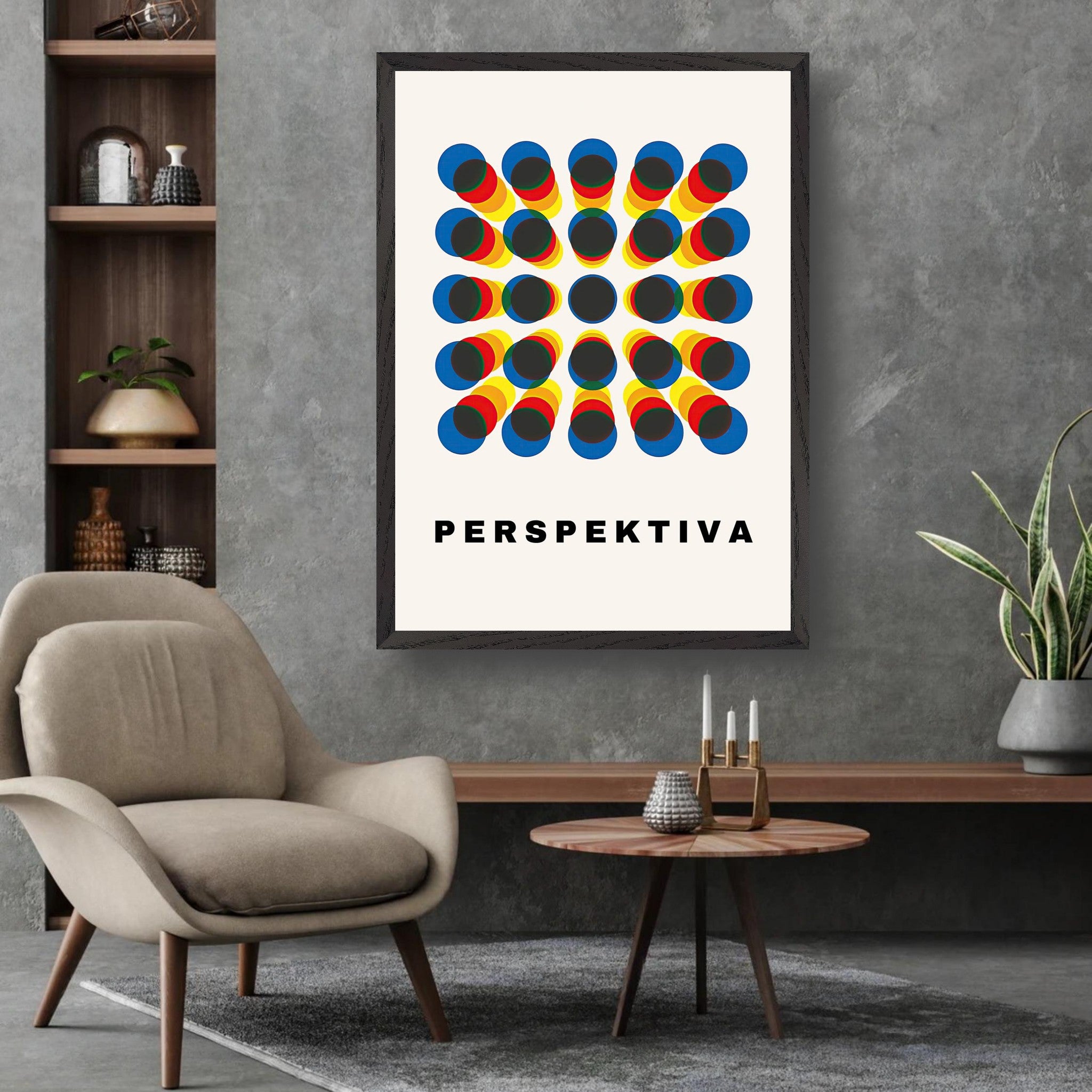 Perspective Abstract Art in a modern room showcasing geometric shapes and vibrant colors, adding energy to any space.