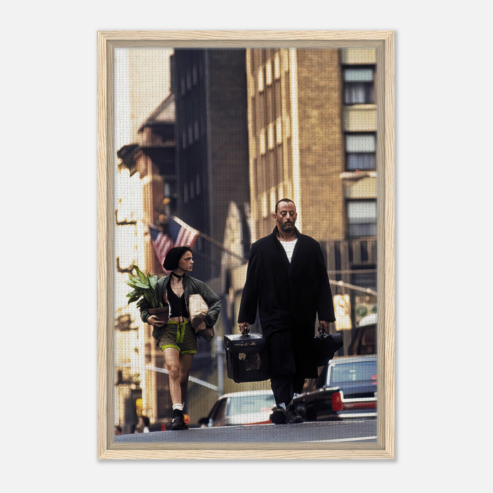 Framed canvas print of Jean Reno and Natalie Portman in a scene from Leon: The Professional, showcasing their iconic characters.