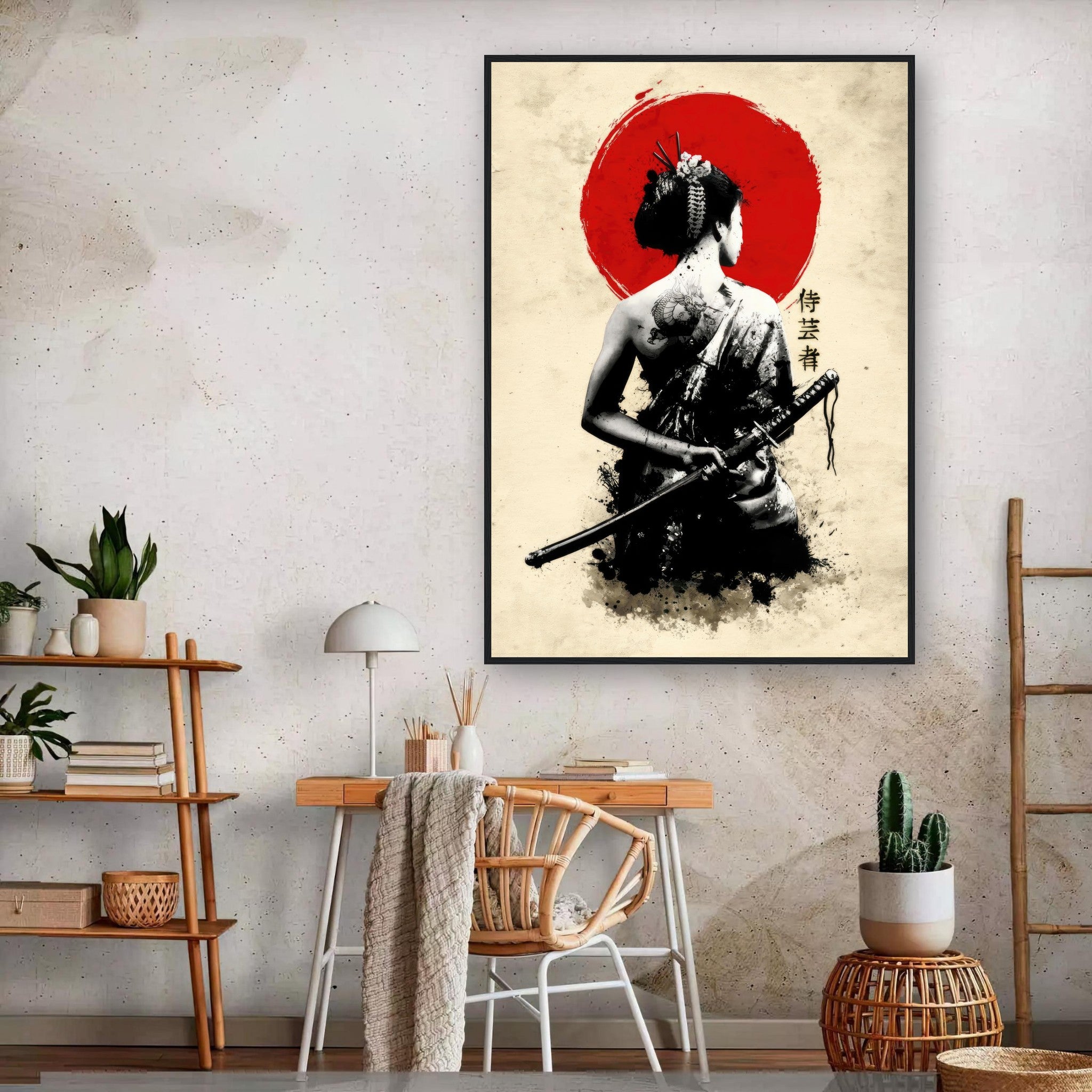 The Samurai Geisha Framed Print showcasing a geisha with a katana, set against a bold red sun backdrop.