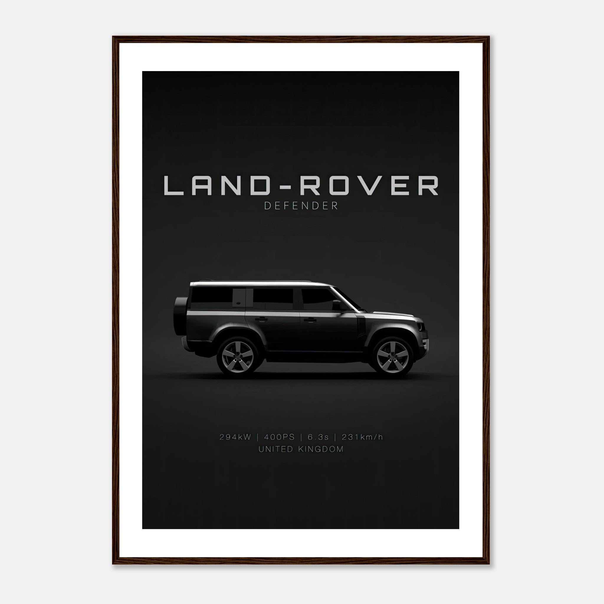 Land Rover Defender framed print showcasing a minimalist design and sleek side profile of the iconic SUV.