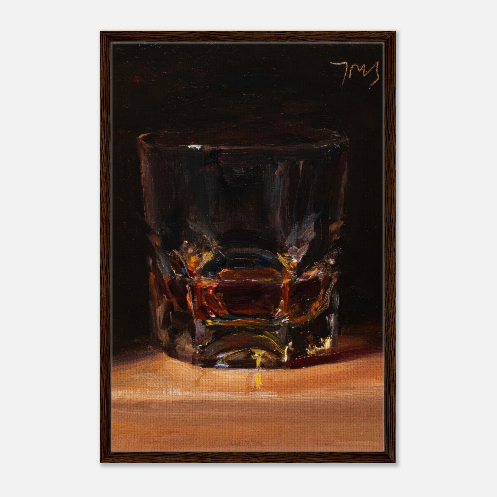 Whiskey framed canvas print showcasing a glass of whiskey with rich amber hues and sophisticated brushstroke details.