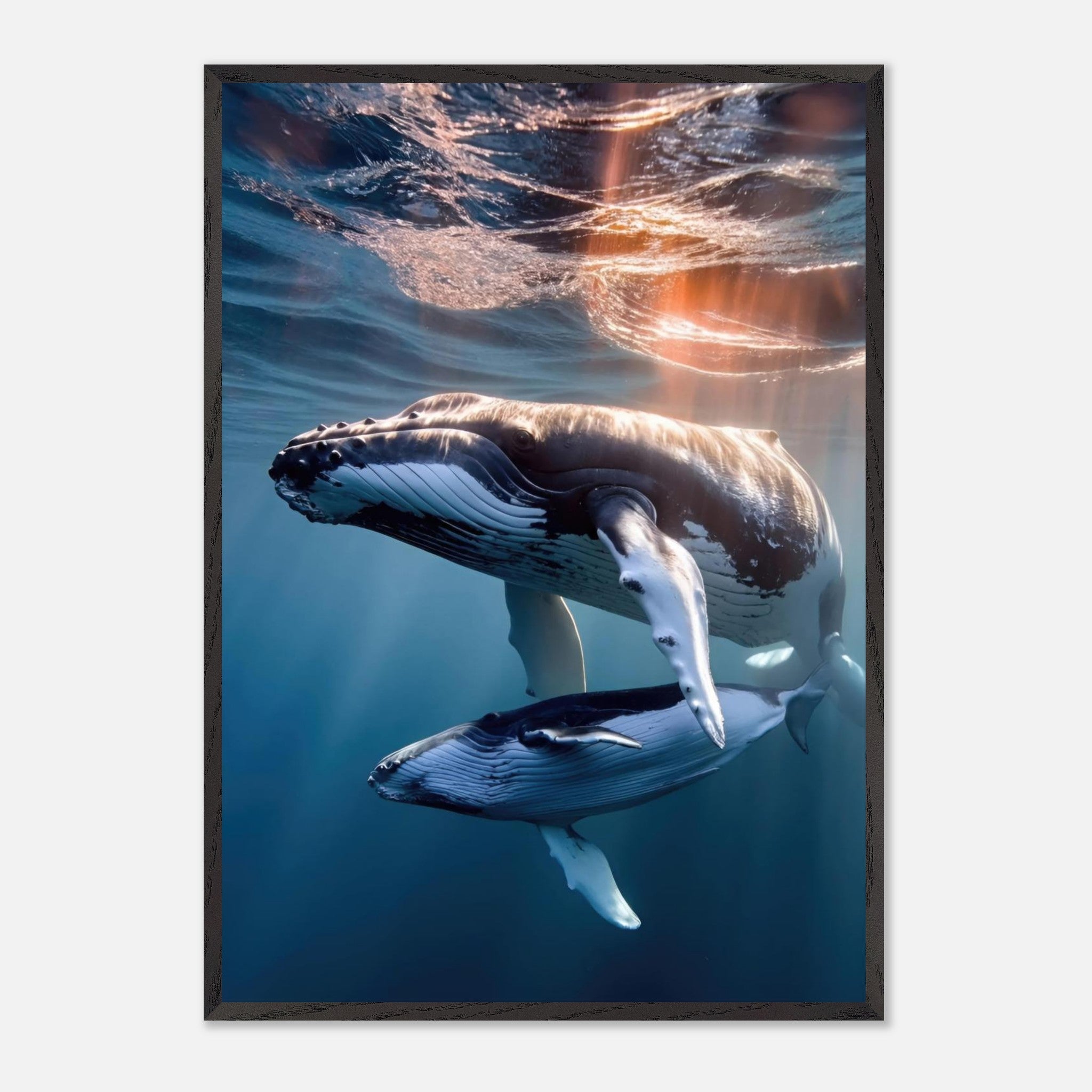 Underwater photography print of a humpback whale and calf, framed, showcasing ocean beauty and marine grace.