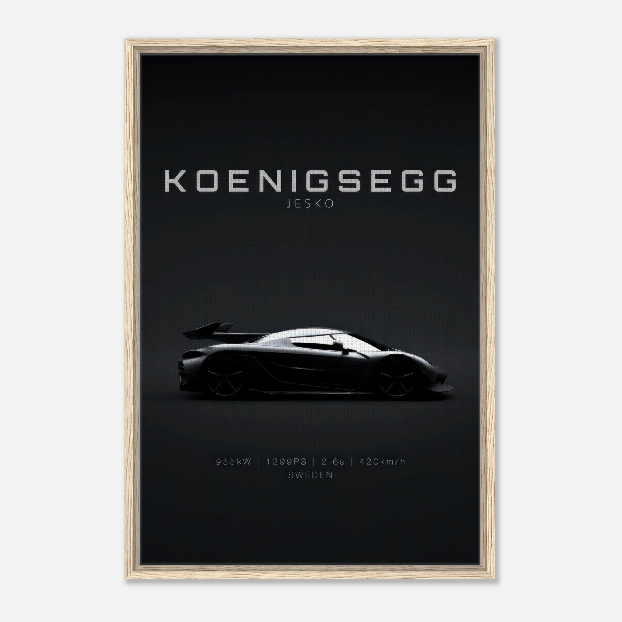 Koenigsegg Jesko framed canvas print showcasing sleek hypercar design on a minimalist black background.