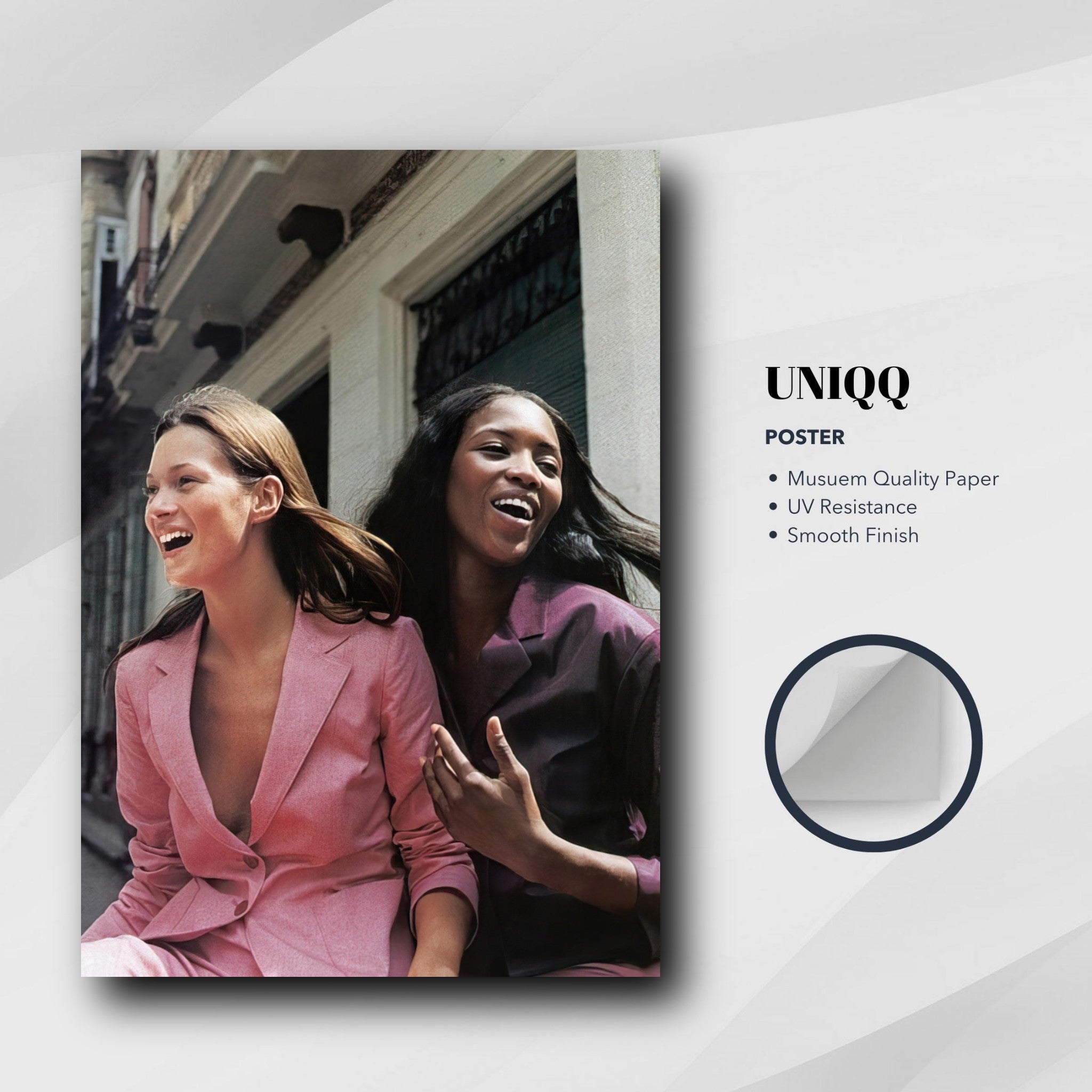 Naomi Campbell x Kate Moss poster featuring iconic supermodels in elegant attire, celebrating fashion's golden era.