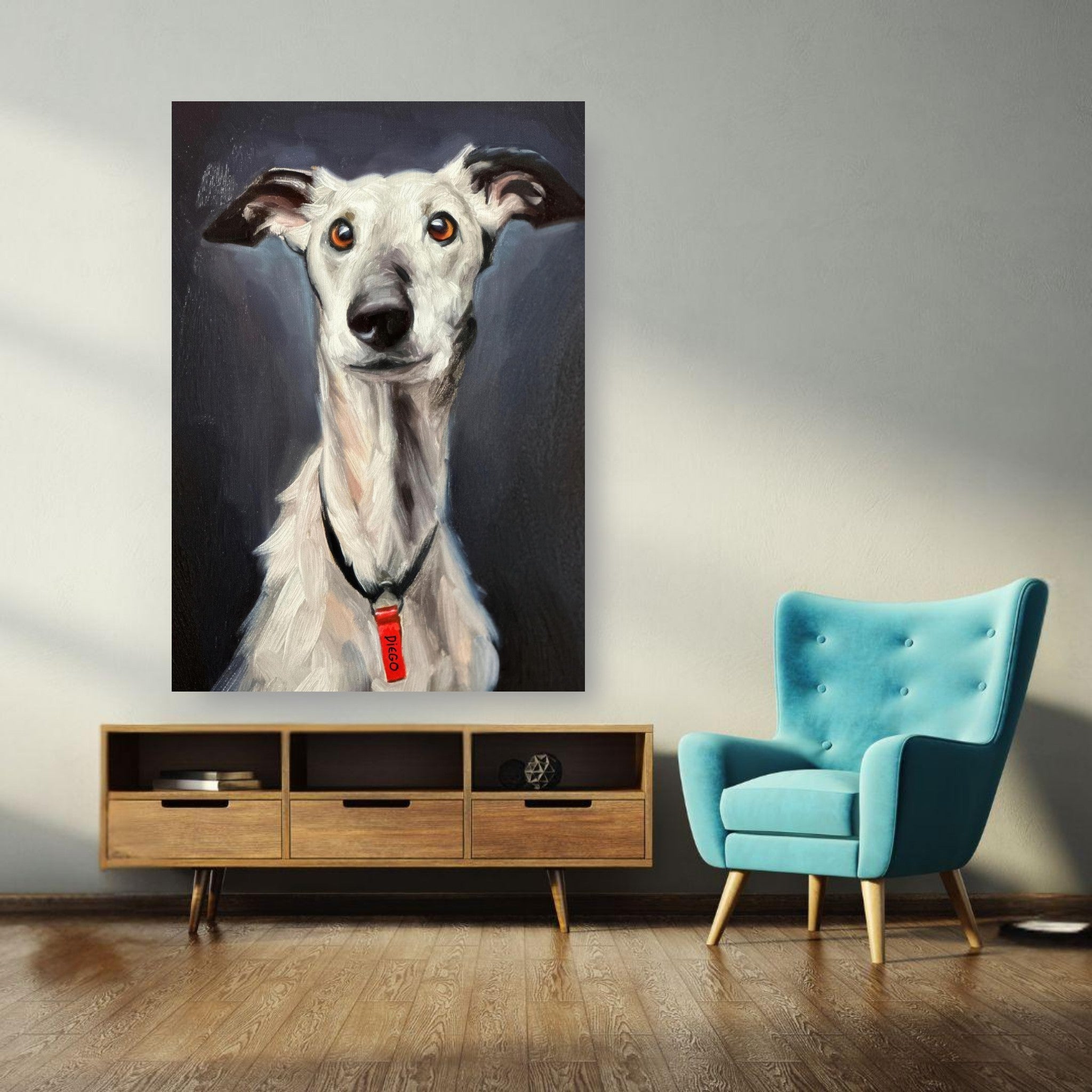 Elegant greyhound dog painting poster displayed in modern living room with stylish furniture.