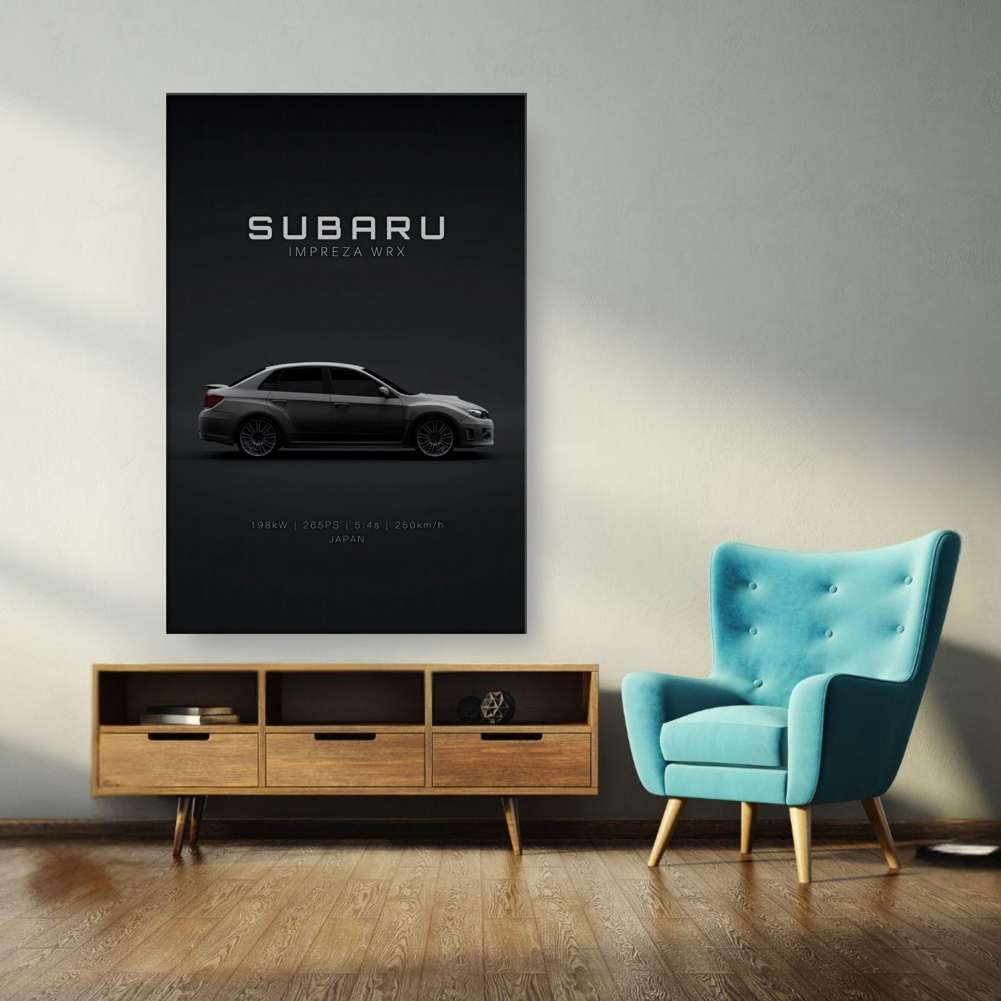 Subaru WRX canvas wall art showcasing the iconic vehicle in a sleek black design, perfect for car enthusiasts.