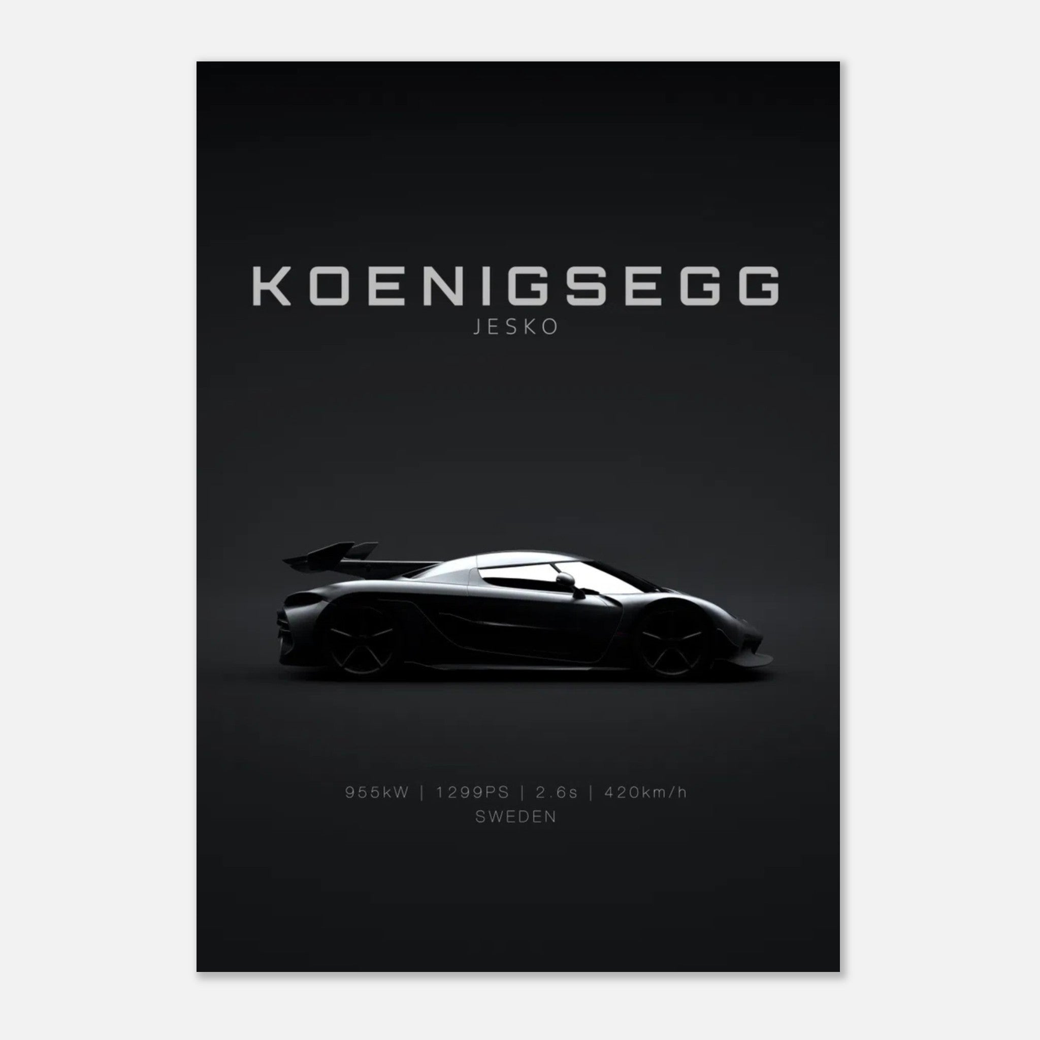 Koenigsegg Jesko poster showcasing its sleek design on a minimalist black background.
