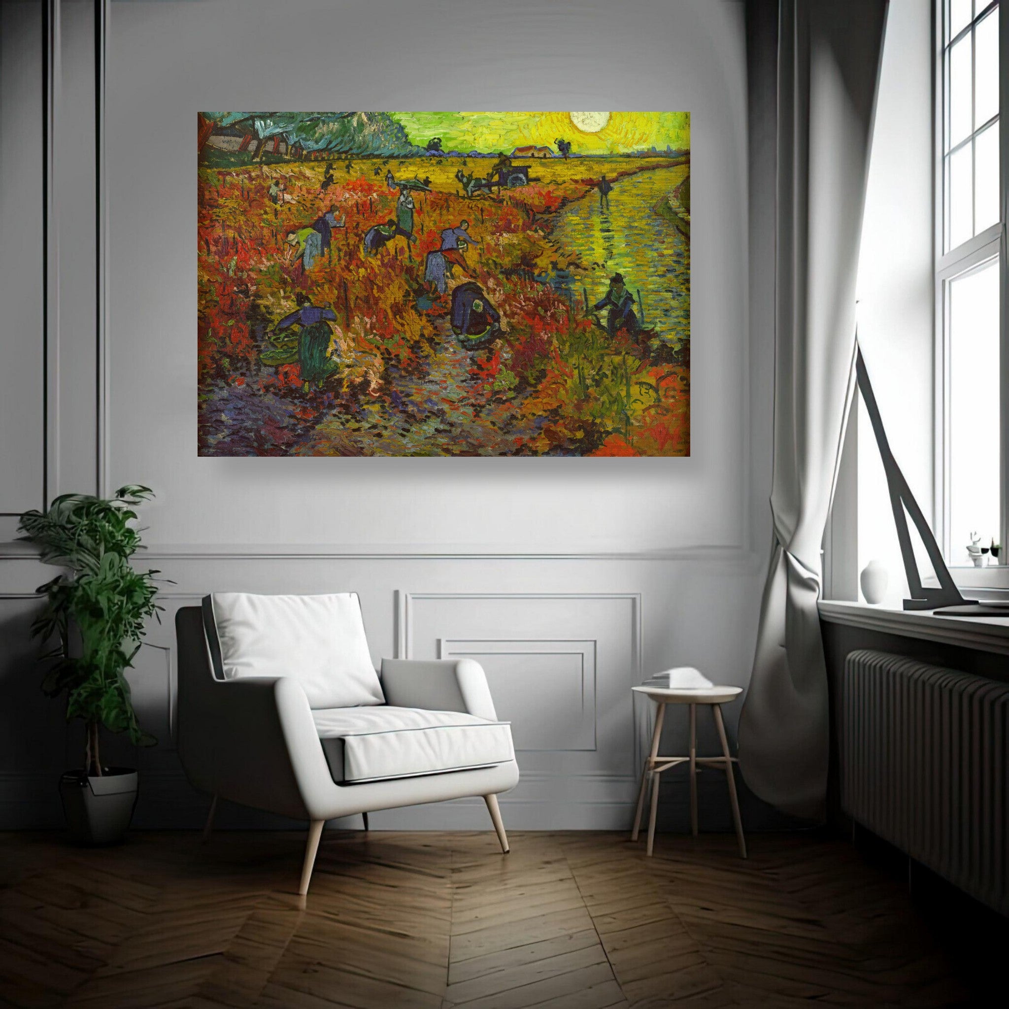 The Red Vineyard by Van Gogh displayed on brushed metal in a cozy living room setting.
