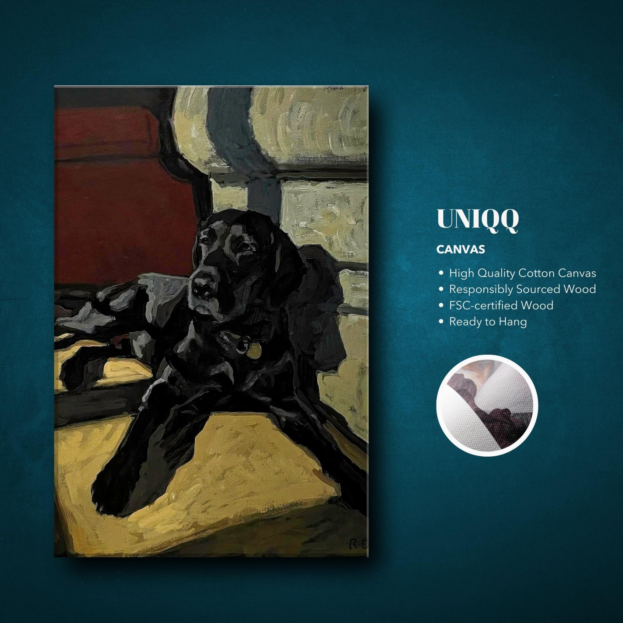 Black Labrador dog painting canvas print, showcasing a relaxed dog in rich, earthy tones, perfect for home decor.