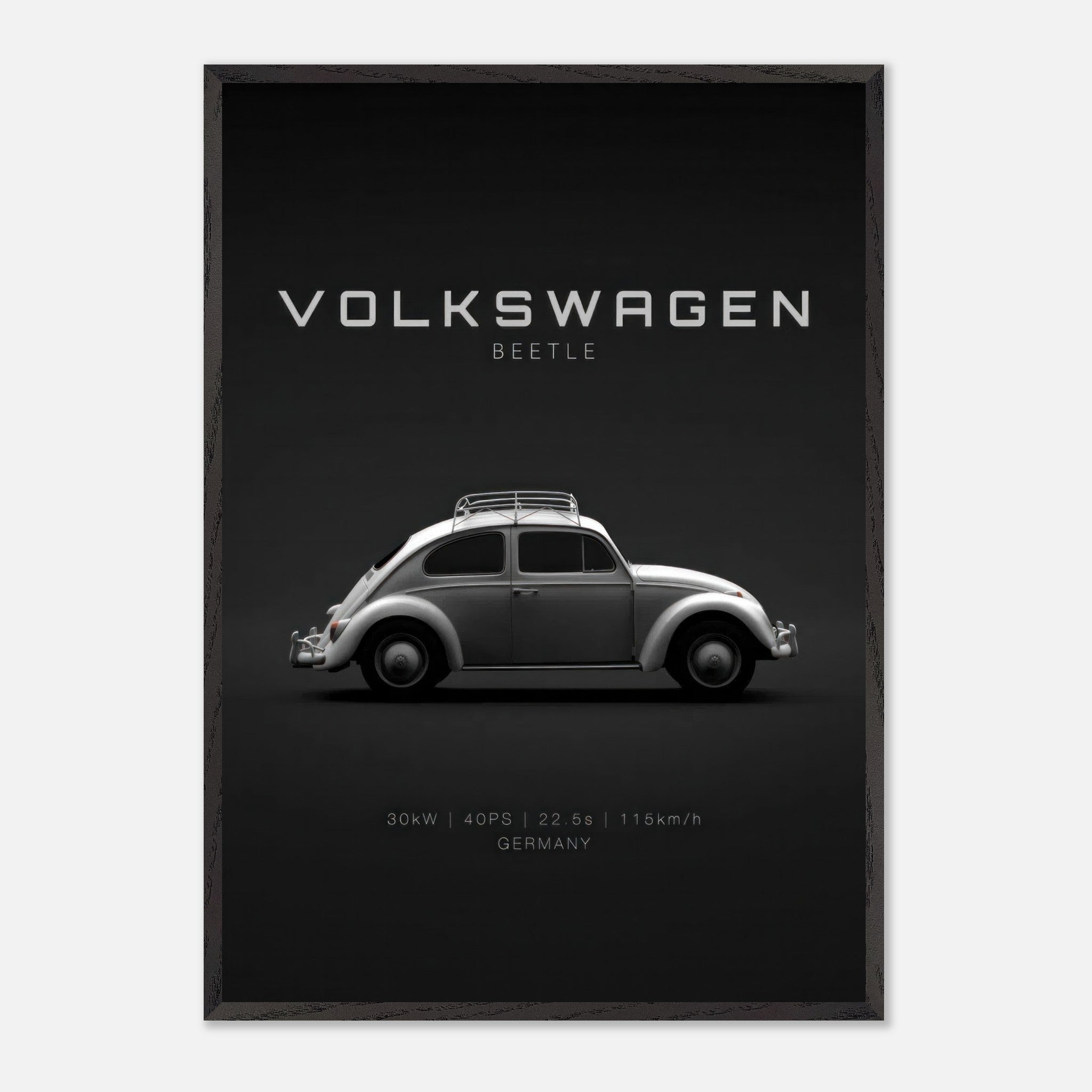 Volkswagen Beetle vintage framed art with sleek silver design on minimalist black background.