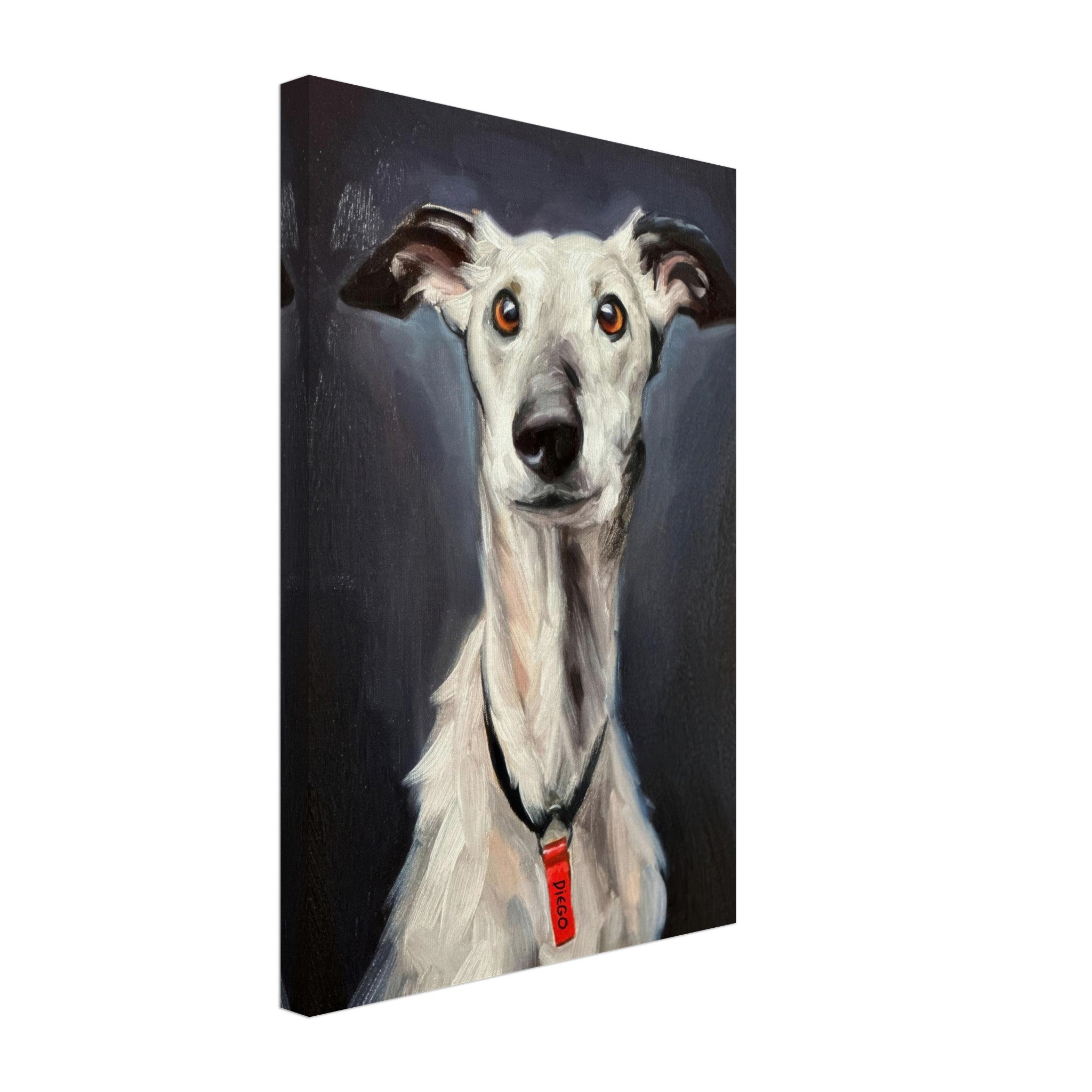 Greyhound dog painting canvas print featuring a detailed portrait of a white greyhound with soulful eyes.