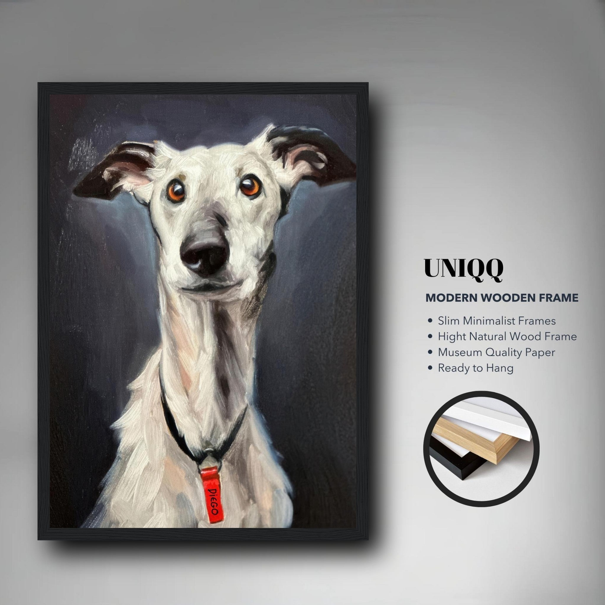 Framed greyhound dog painting in modern wood frame, showcasing elegant canine features and striking colors.